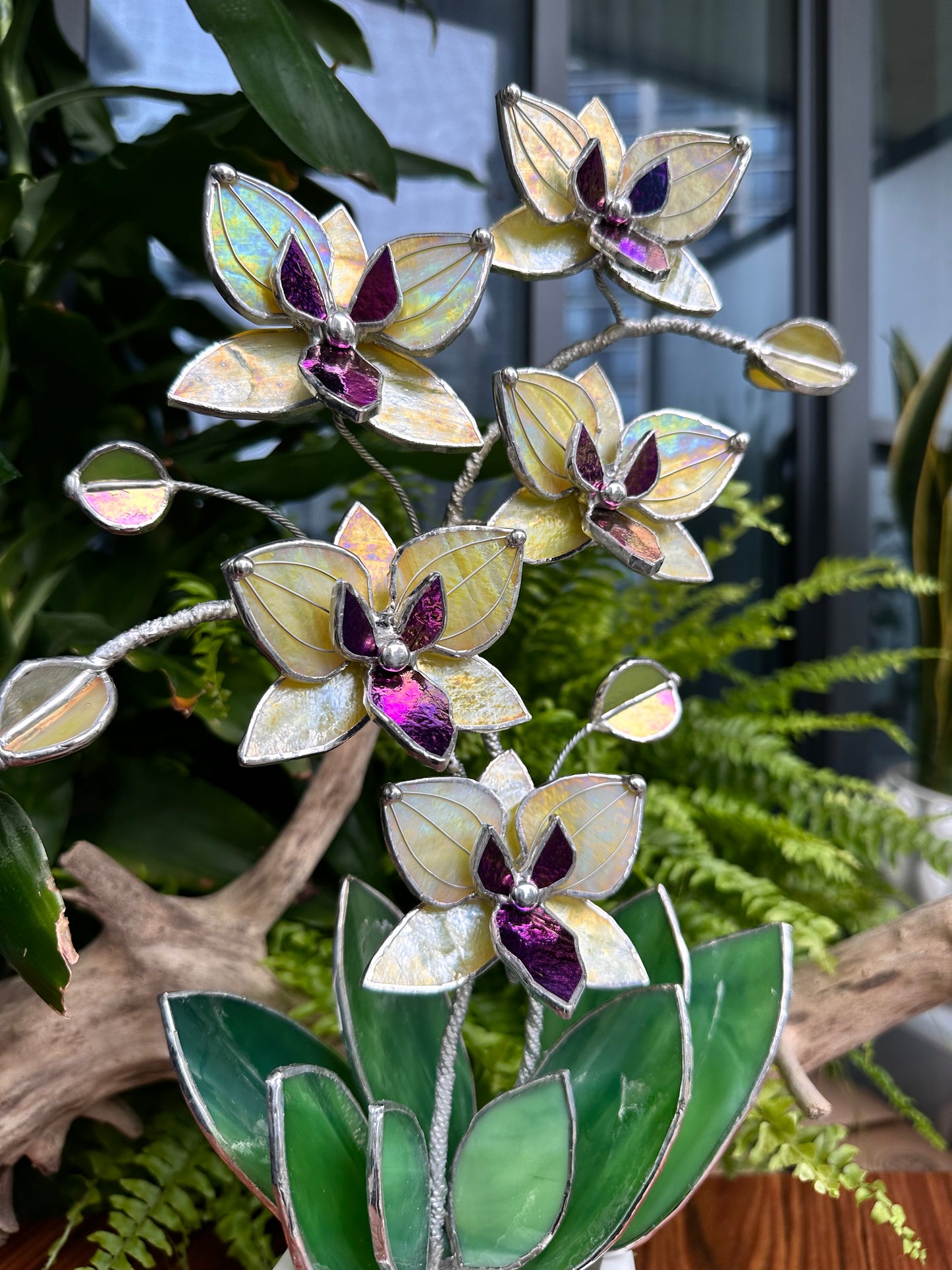 ". “Soulmates” Double stem Lemon yellow iridescent Orchid XL with pot, 5 flowers. Suncatcher, Tropical flowers, Outdoor and gardening decor, Christmas, Wedding gift