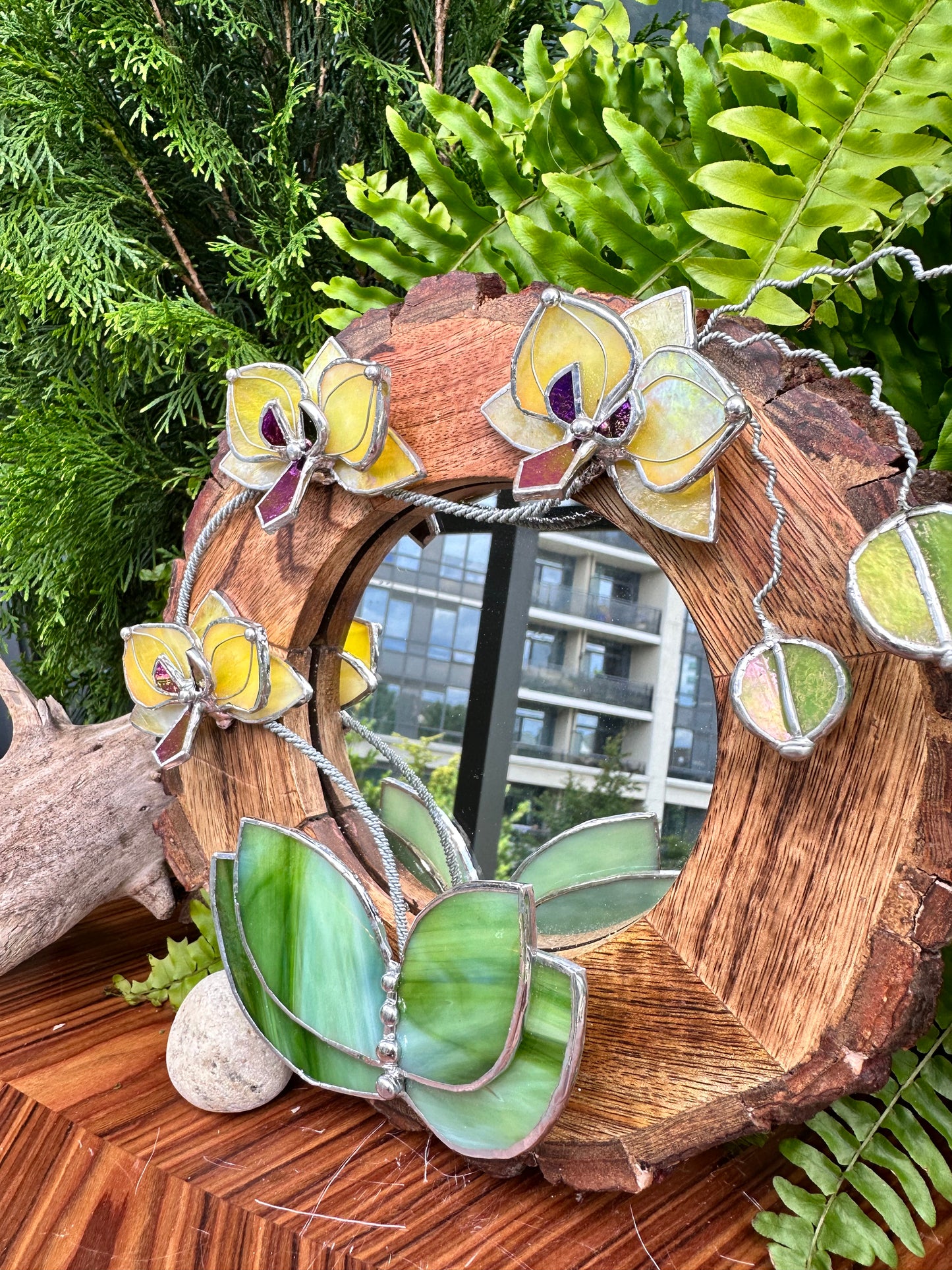 ". Yellow iridescent Orchid Mirror" Stained glass flower Wall decor.  Sun catcher Wooden frame Home wedding Decor Art. Christmas gift