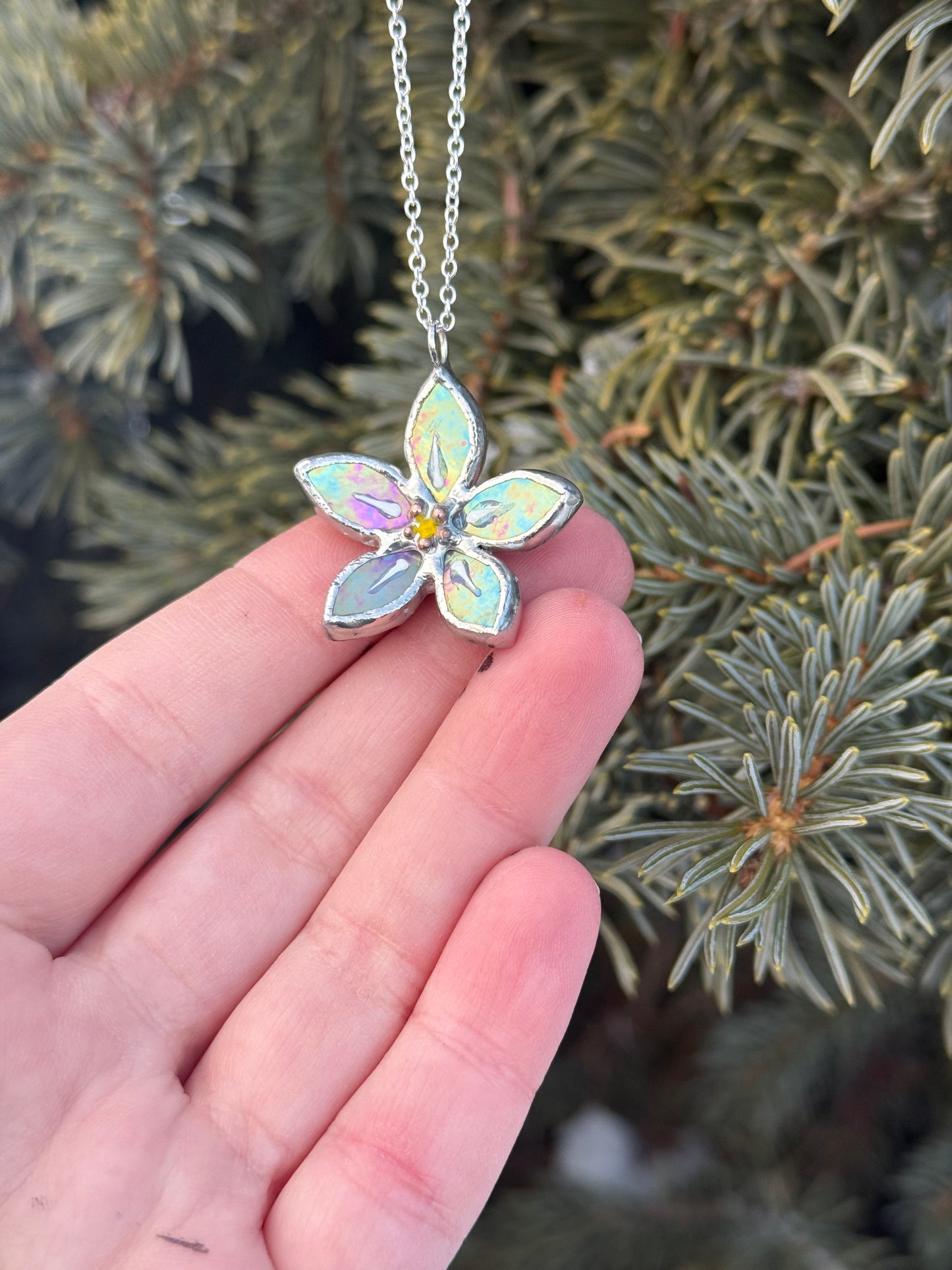 " . Necklace Forget Me Not flower Lavender iridescent Stained glass , Modern art, jewelry