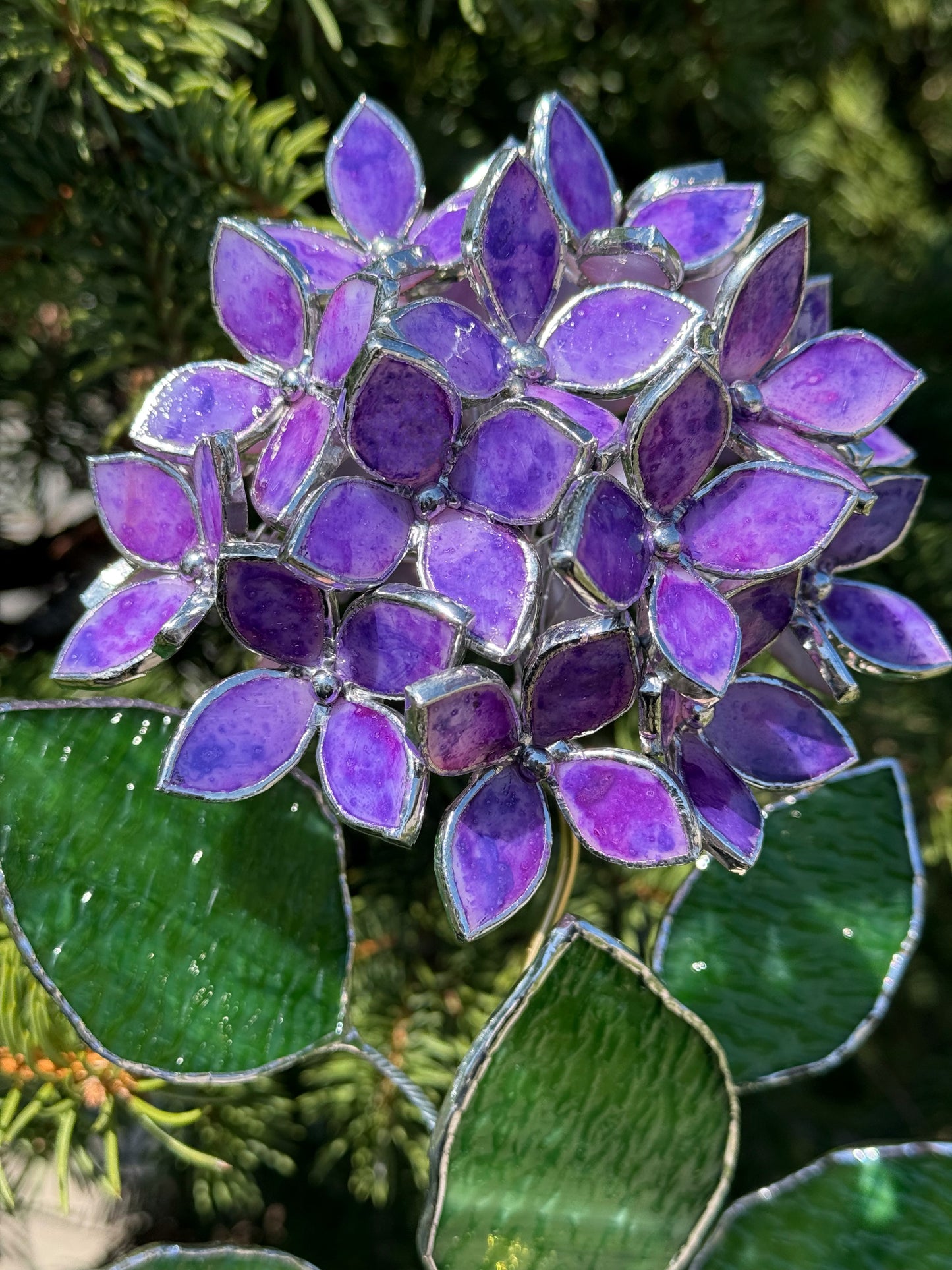 .Hand Painted Hydrangea Purple Stained glass Handcrafted Floral Home Decor