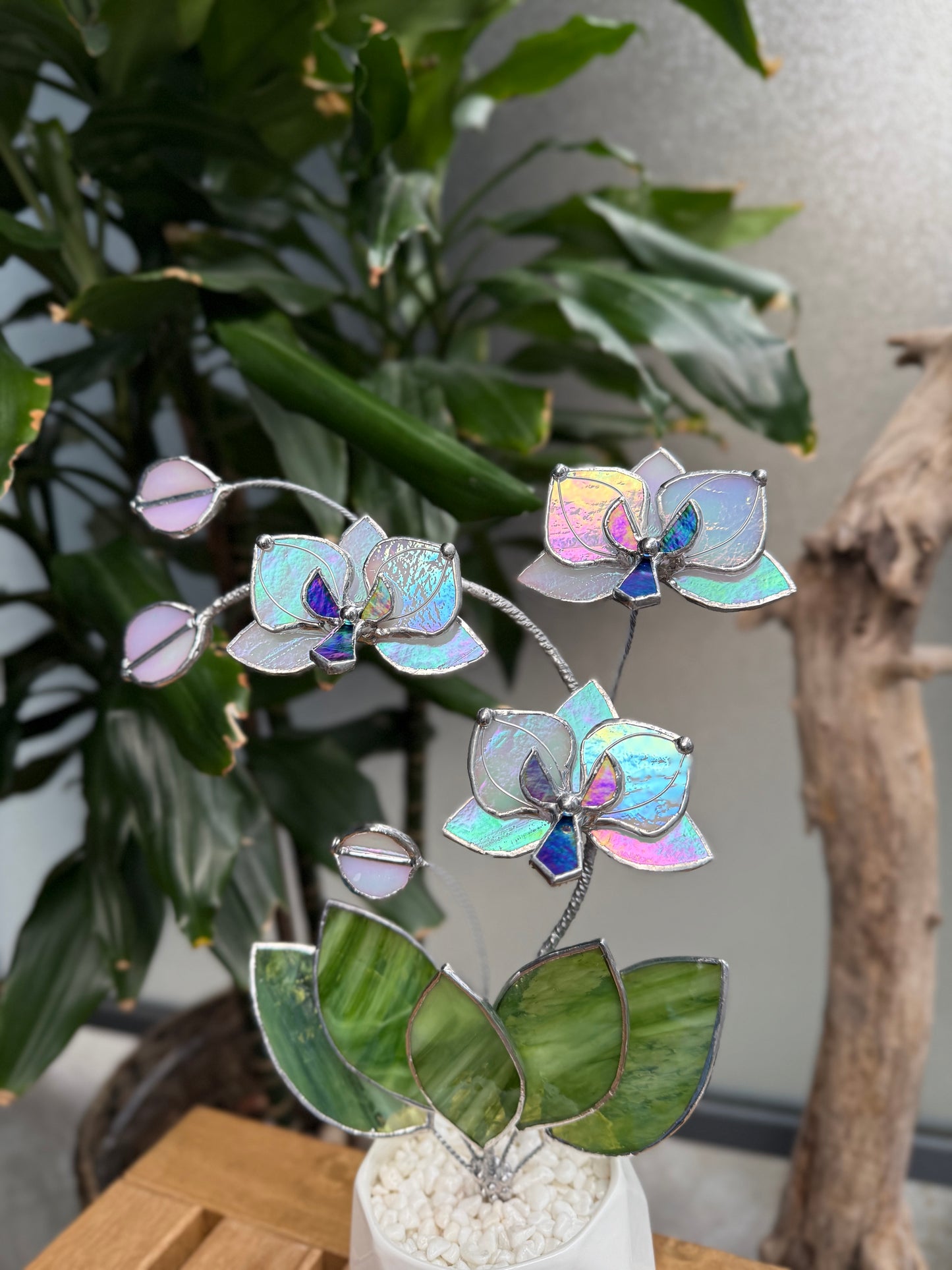 " . Orchid White luminescent, 3 flowers with pot” Stained glass tropical flower 3D, Suncatcher, Table plant decor