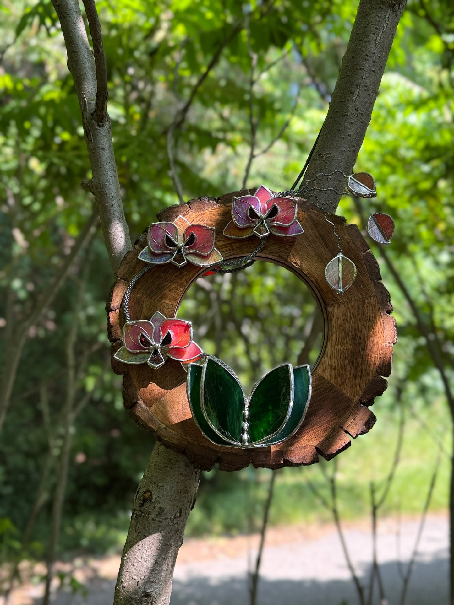 " . Berry red iridescent Orchid Mirror" Stained glass flower Wall decor.  Sun catcher Wooden frame Home wedding Decor Art. Christmas gift