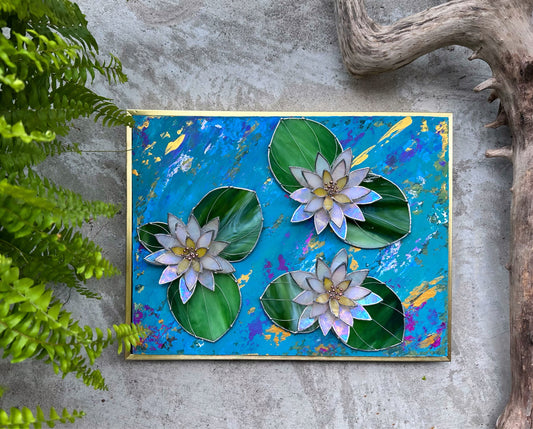 ". Acrylic painting ‘Lily Pond L’ with stained glass 3D flowers, Wall decor, Wedding, Christmas gift, available