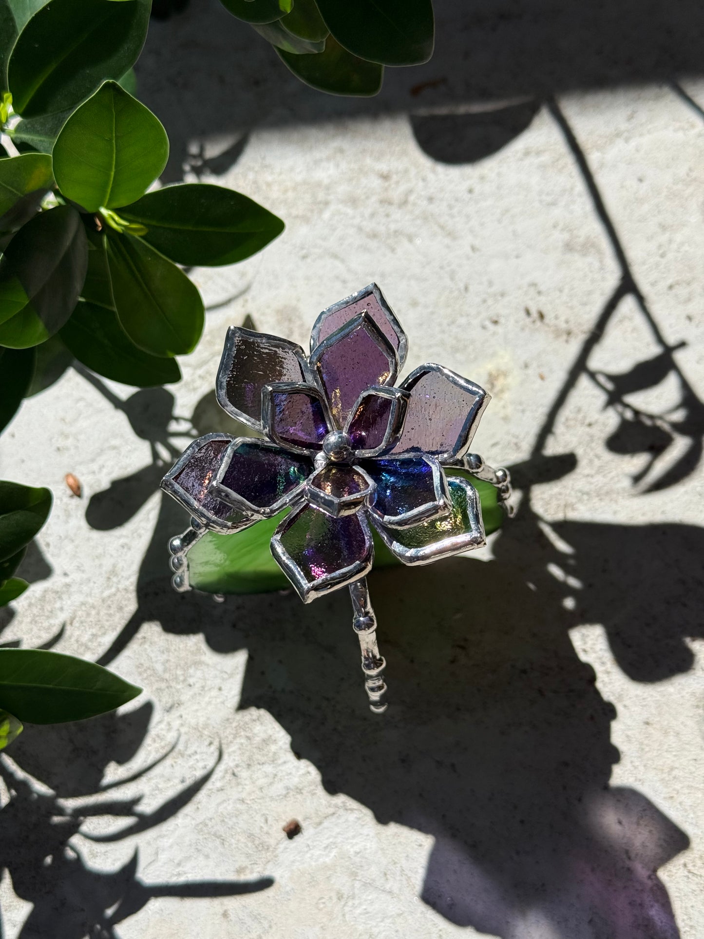 "Cactus Purple transparent irid & green irid" Stained glass Succulent 3D design, house plant for flower pot, Sun catcher