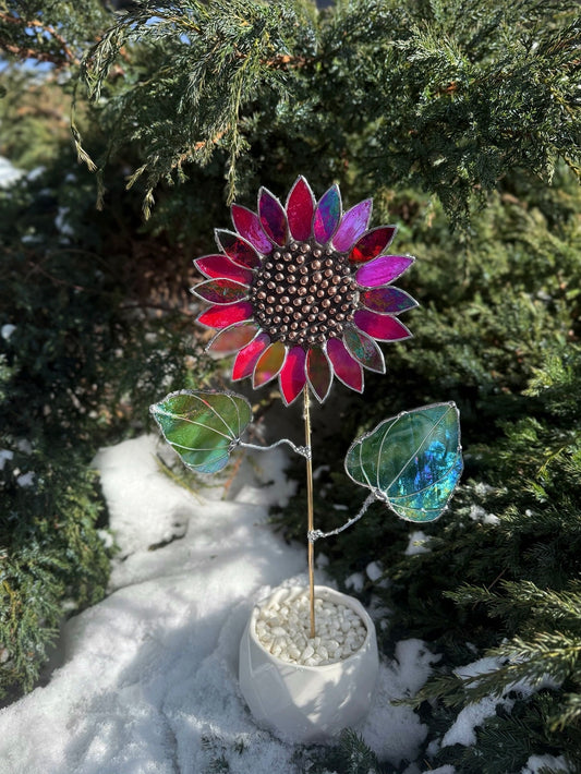 .Sunflower Ruby Red, Artisan 3D Stained Glass Suncatcher, Table Decor