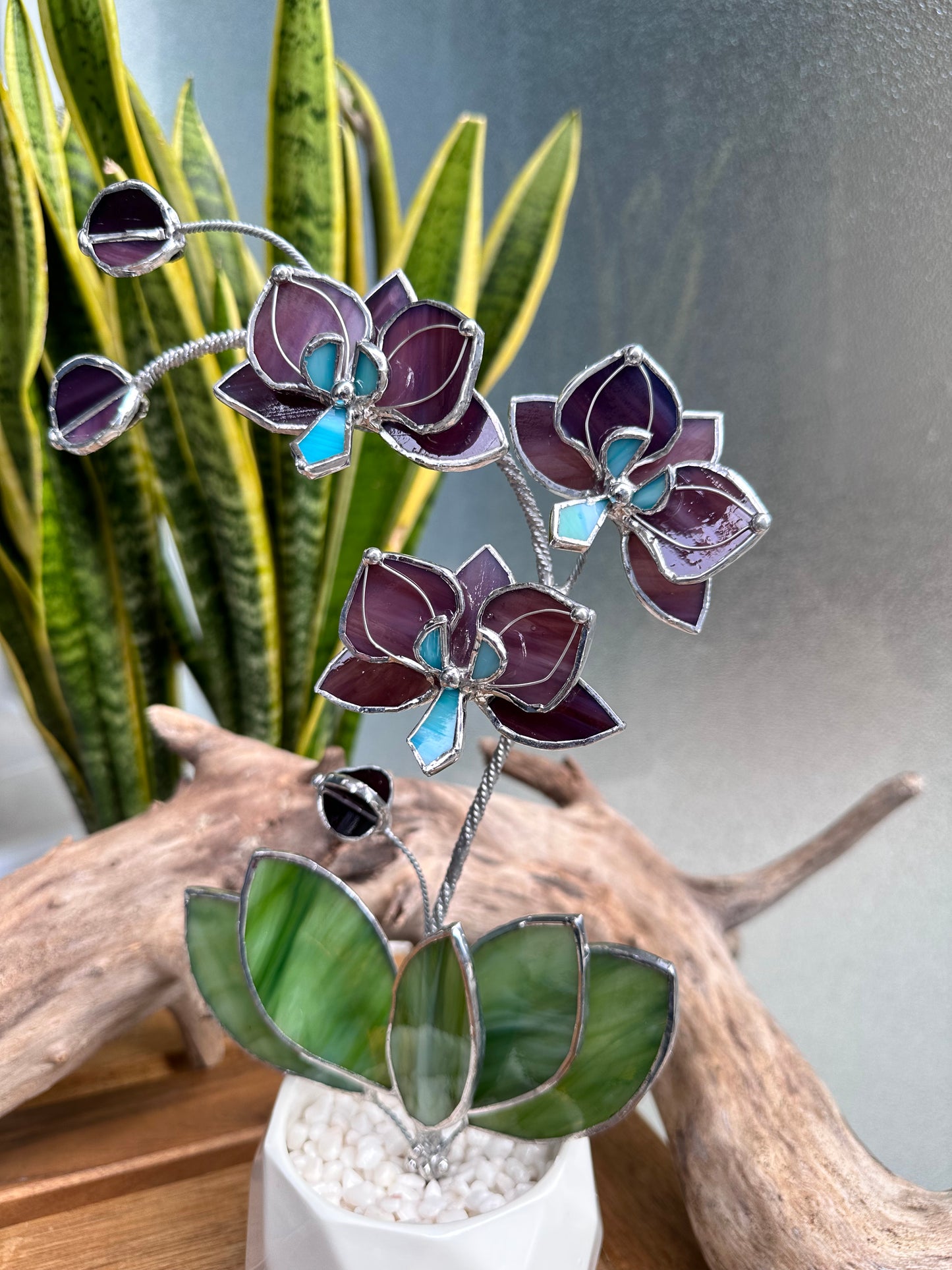 ". Reach Elderberry Orchid 3 flowers with pot” Stained glass tropical flower 3D, Sun catcher, Table plant decor, Garden stick, Outdoor and gardening decor