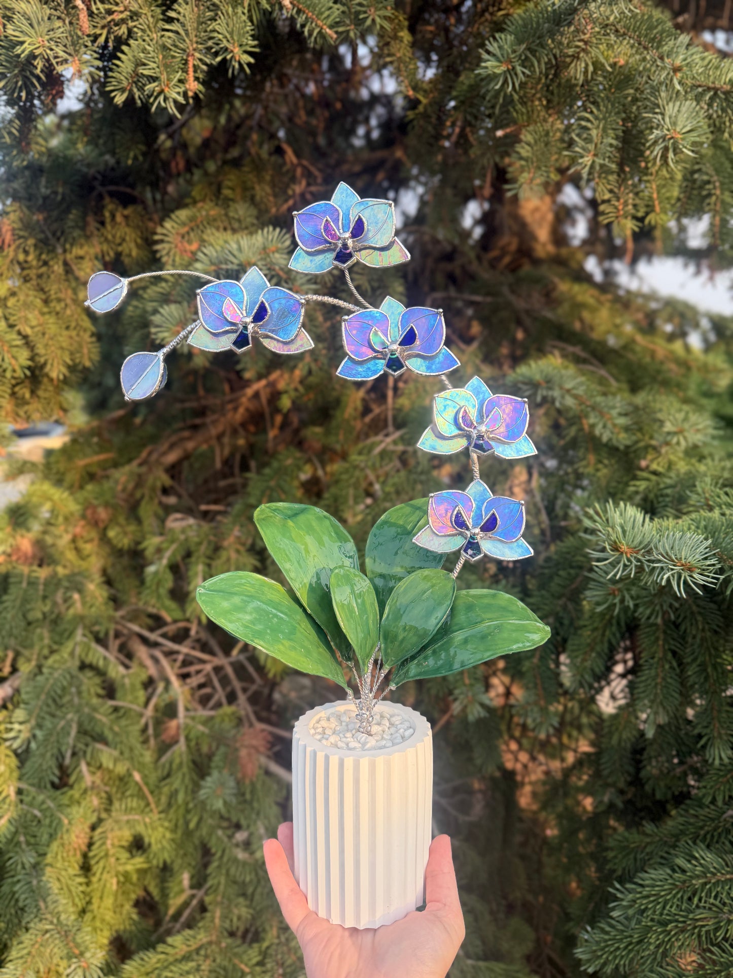 .Blue lavender Orchid, WITH RESIN LEAVES, 5 Flowers, Handmade Stained Glass Botanical Art Decor
