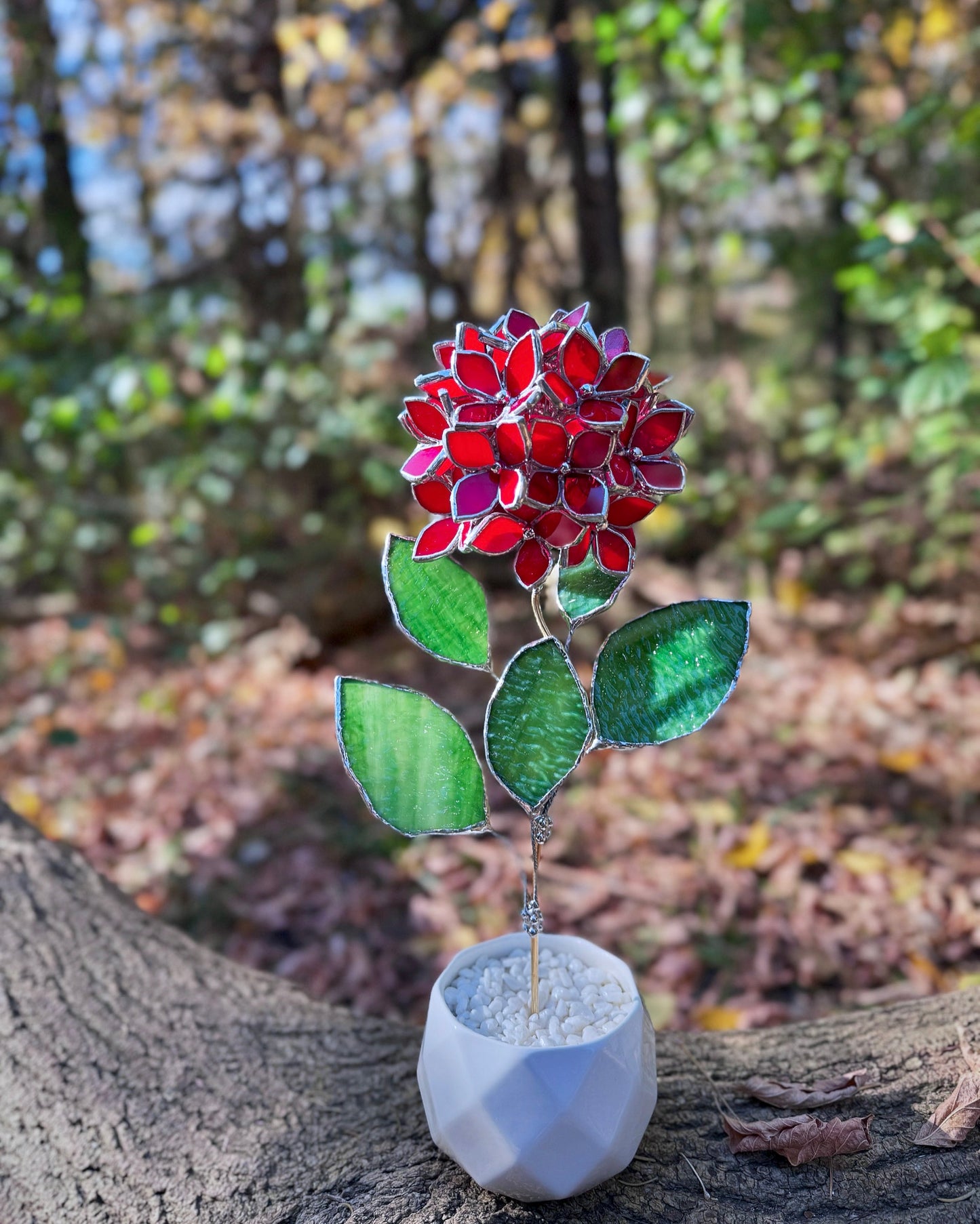 " . Scarlet Hydrangea bunch in the pot”, Stained glass tropical flower 3D, Sun catcher, Table plant, Garden stick, Outdoor and gardening decor