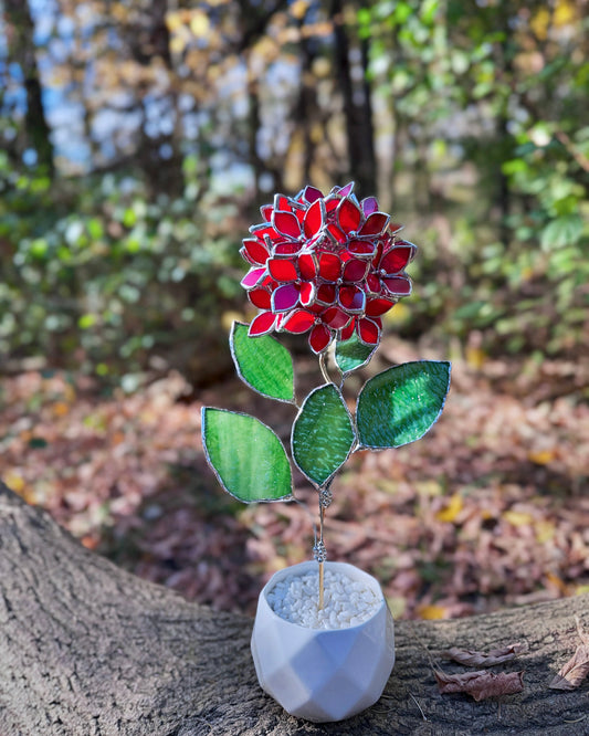 " . Hydrangea bunch Scarlet red in the pot ”, Stained glass tropical flower 3D, Sun catcher, Table plant, Garden stick, Outdoor and gardening decor