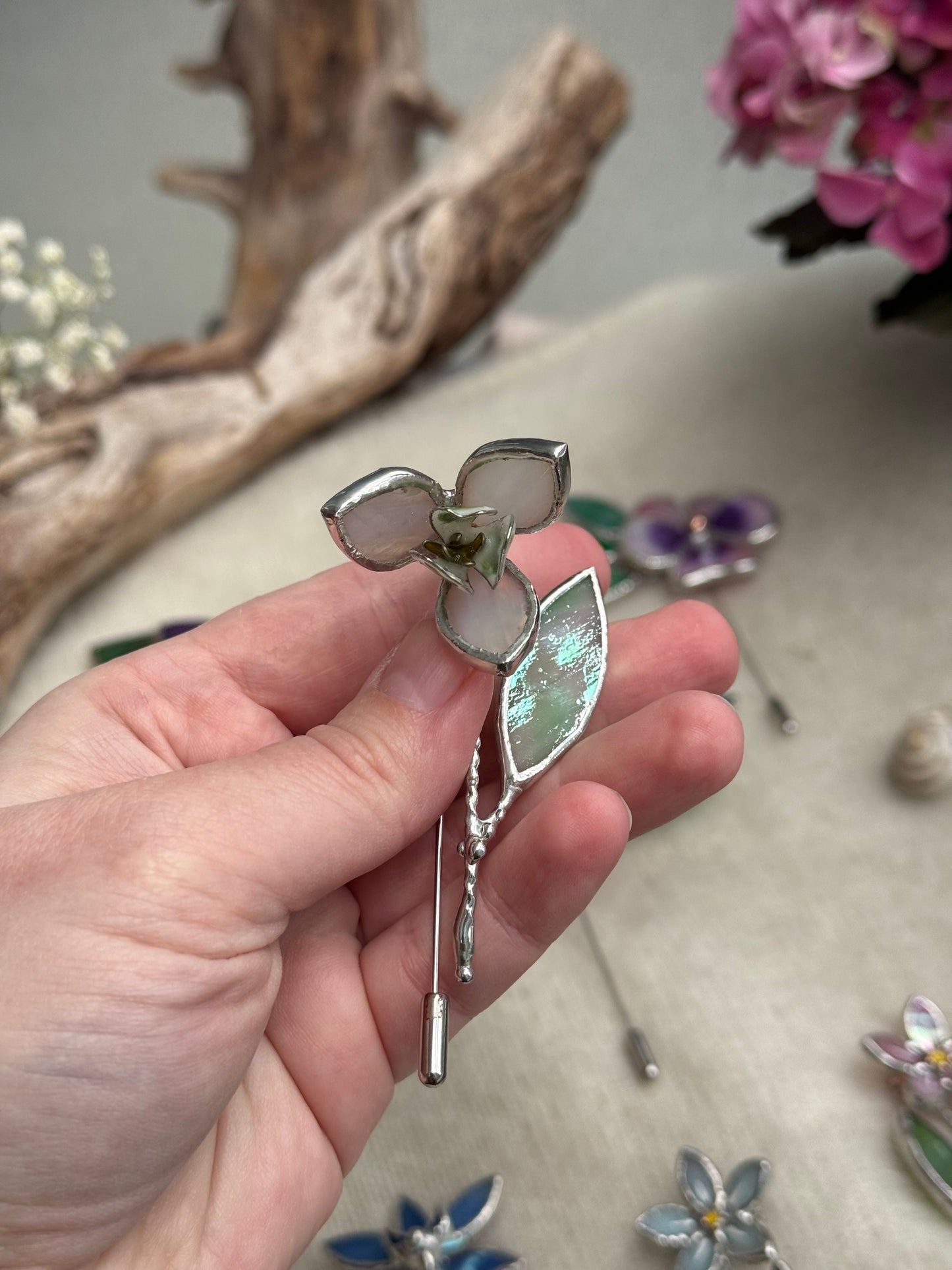 Snowdrop Brooch Statement Stained Glass Floral Pin, Modern Art Jewelry