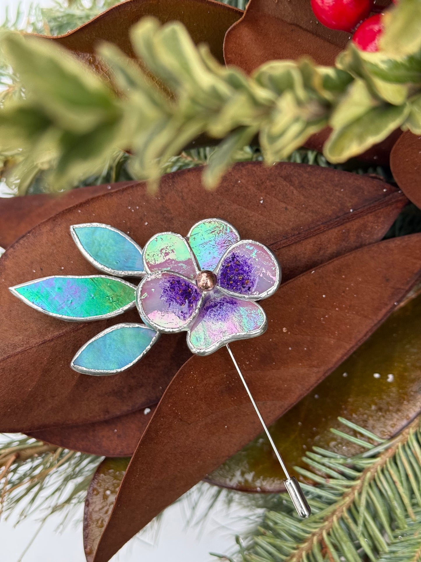 Pansy Brooch Statement Stained Glass Floral Pin, Modern Art Jewelry