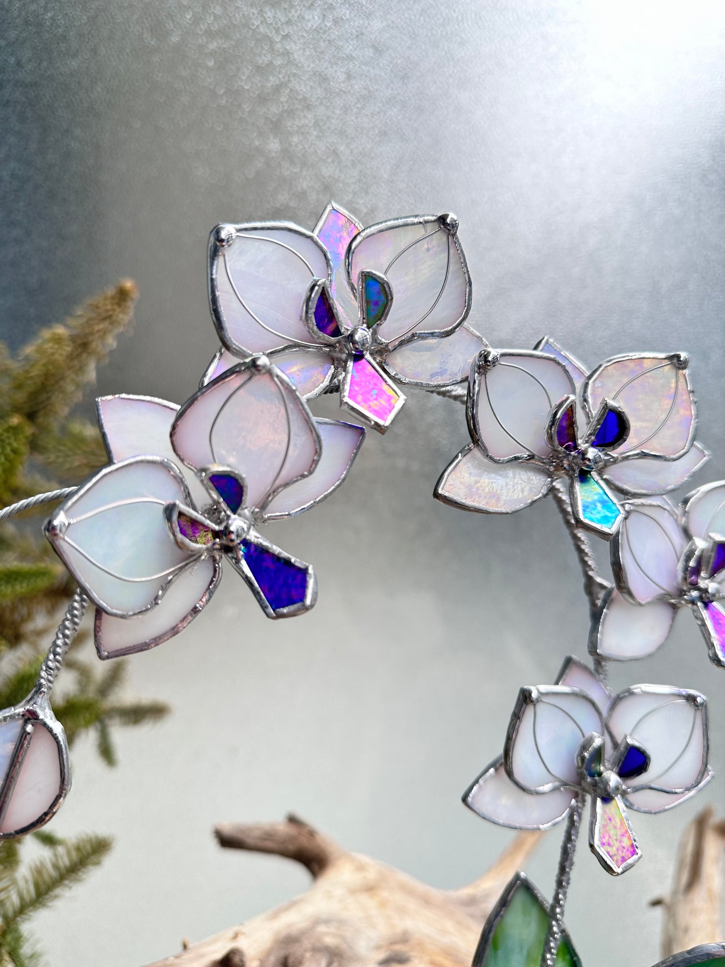 ". White Pearl iridescent Orchid 5 flowers with pot” Stained glass tropical flower 3D, Sun catcher, Table plant decor, Garden stick, Outdoor and gardening decor