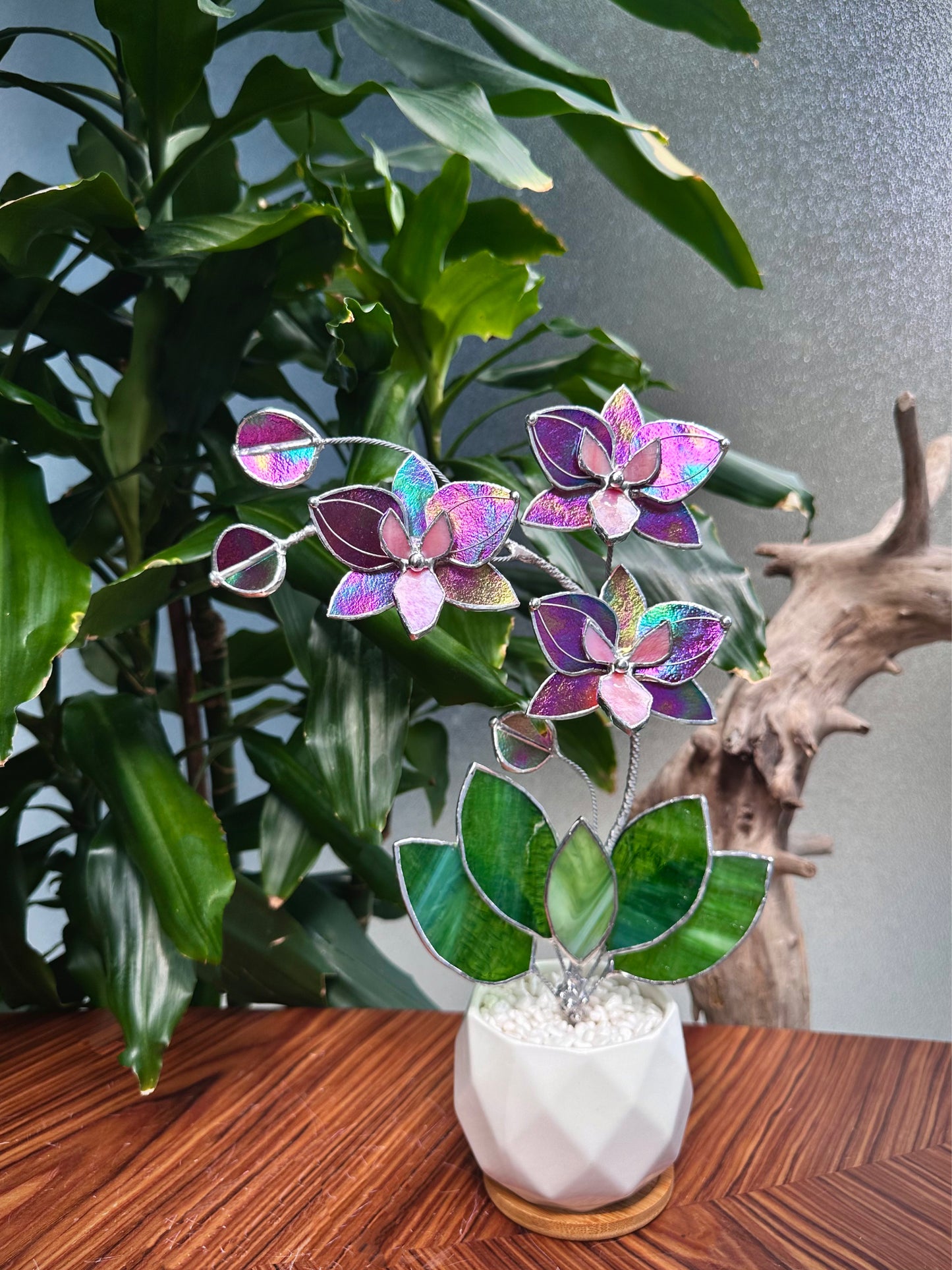 " . Mauve iridescent Butterfly Orchid 3 flowers with pot” Stained glass tropical flower 3D, Sun catcher, Table plant, Garden stick, Outdoor and gardening decor