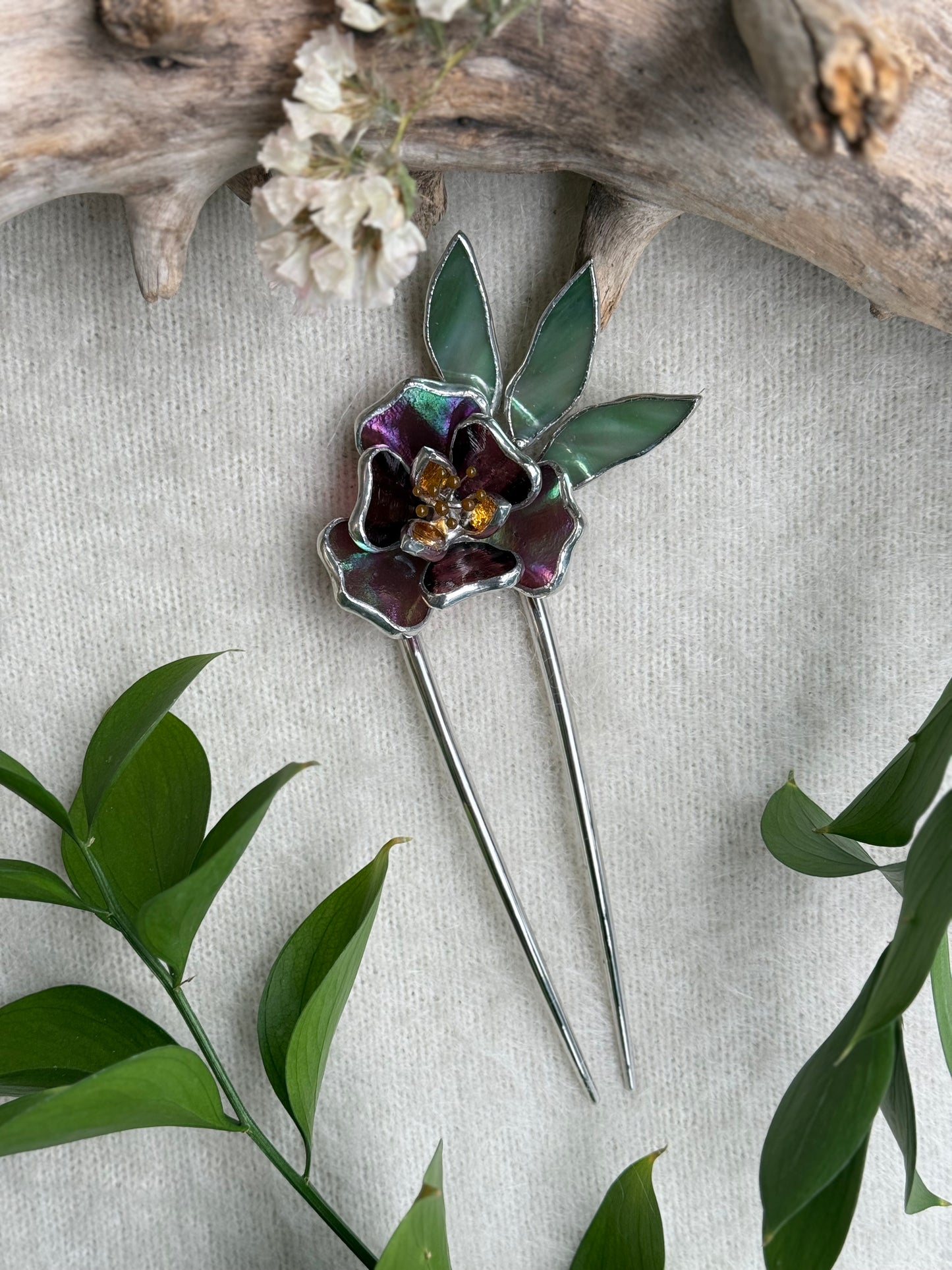 .Hair Pin Stained Glass Peony Flower CHOOSE COLOR Handmade Accessories