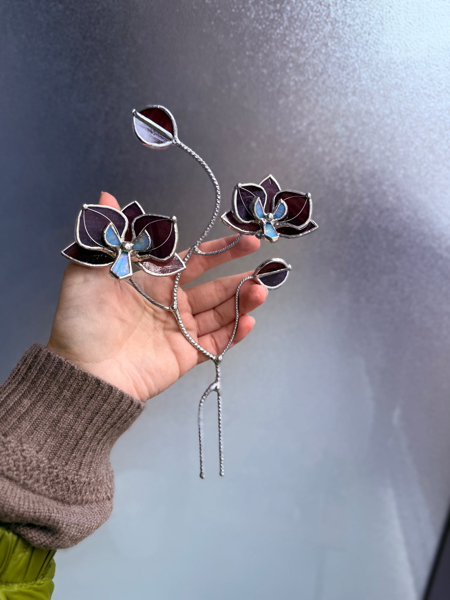 " . Elderberry purple Orchid flower stick, Plant stake 2 flowers no pot” Stained glass tropical flower 3D, Sun catcher, Table plant, Garden stick, Outdoor and gardening decor (Copy)