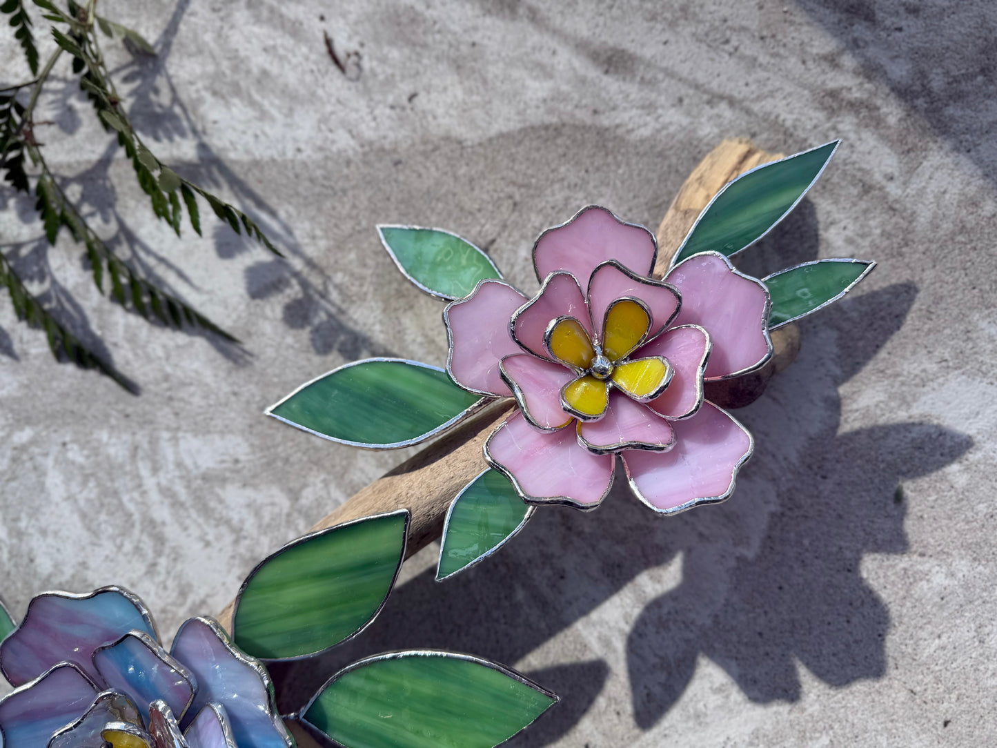 .Peonies Stained Glass Driftwood Wall Decor Suncatcher