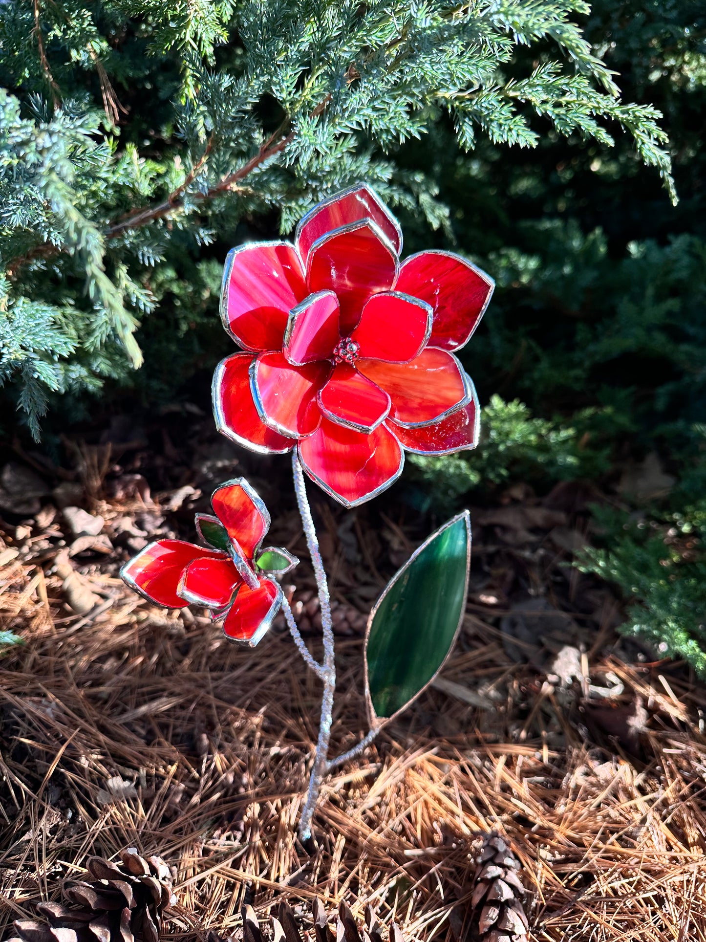 ".Magnolia Bright Red & Amber with bud" Stained glass tropical flower Suncatcher Iridescent 3D, Table plant cactus decor, Home Garden stake, Mother’s Day gift, Outdoor and gardening, pot