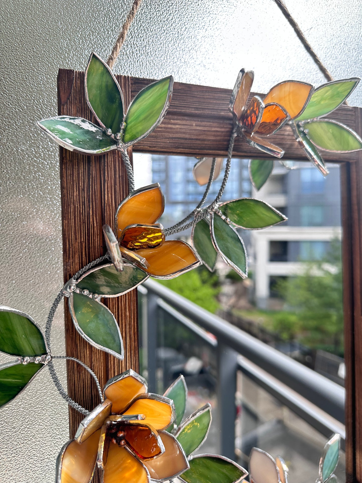 " . Amber Magnolia Flower Mirror, Stained glass Wedding Wall Decor, Christmas gift, Suncatcher