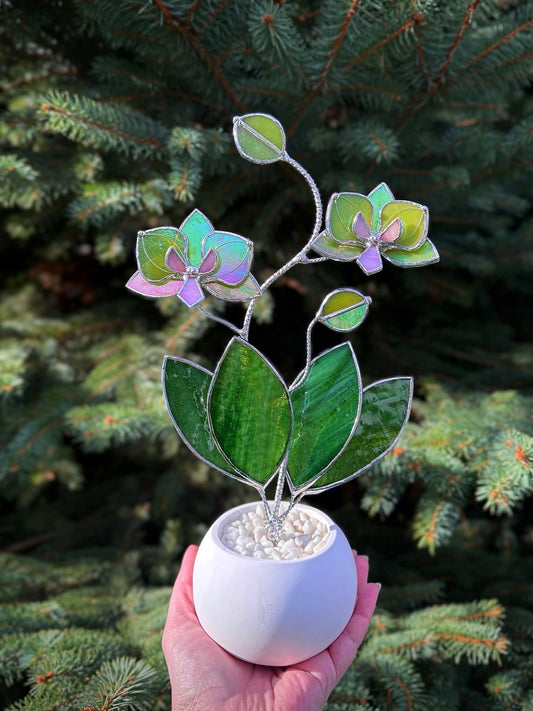 " .  Bright green iridescent Orchid, 2 flowers with pot” Stained glass tropical flower 3D, Suncatcher, Table plant decor