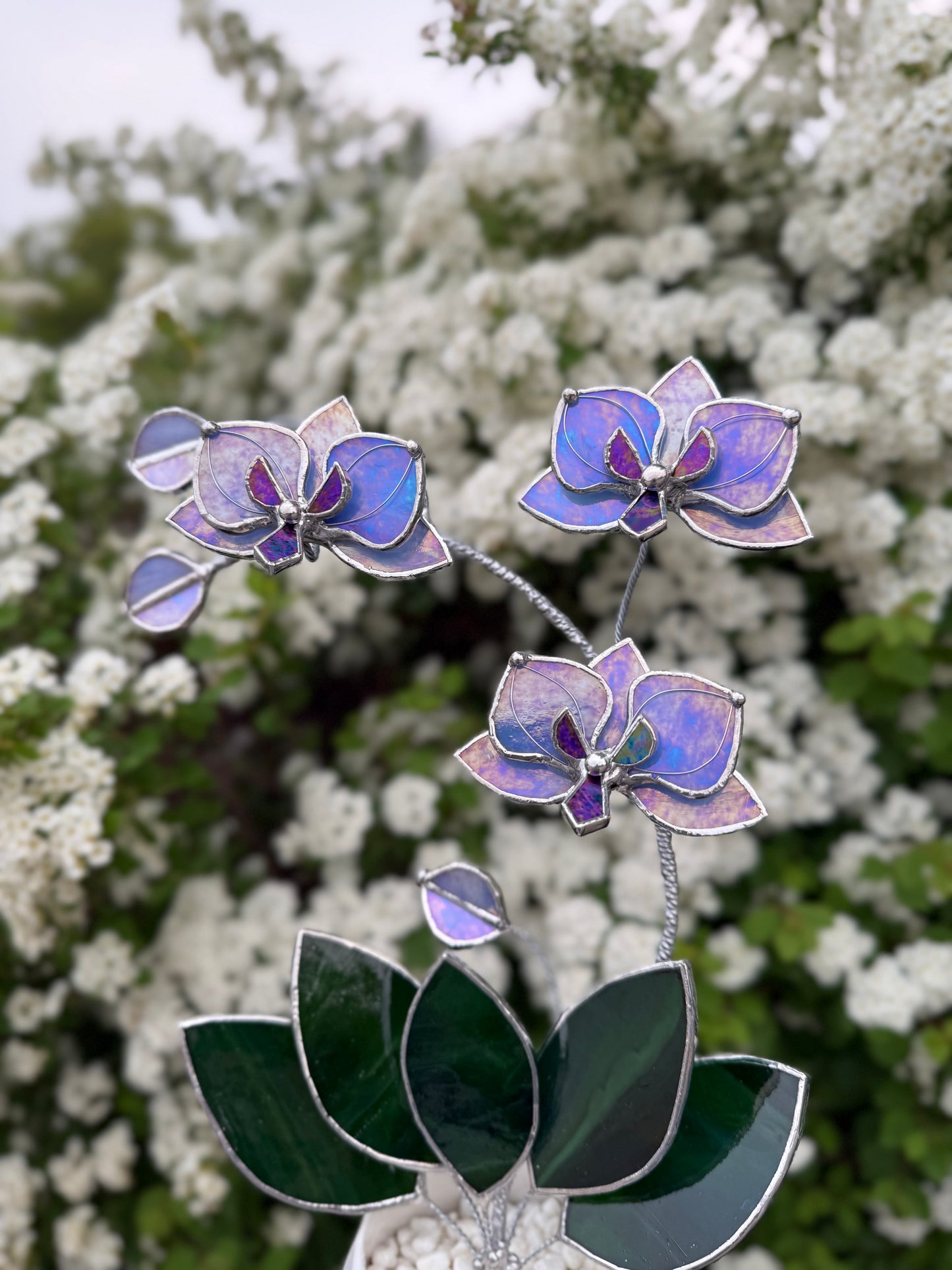 " . Blue lavender iridescent Orchid 3 flowers with pot” Stained glass tropical flower 3D, Sun catcher, Table plant, Garden stick, Outdoor and gardening decor available new