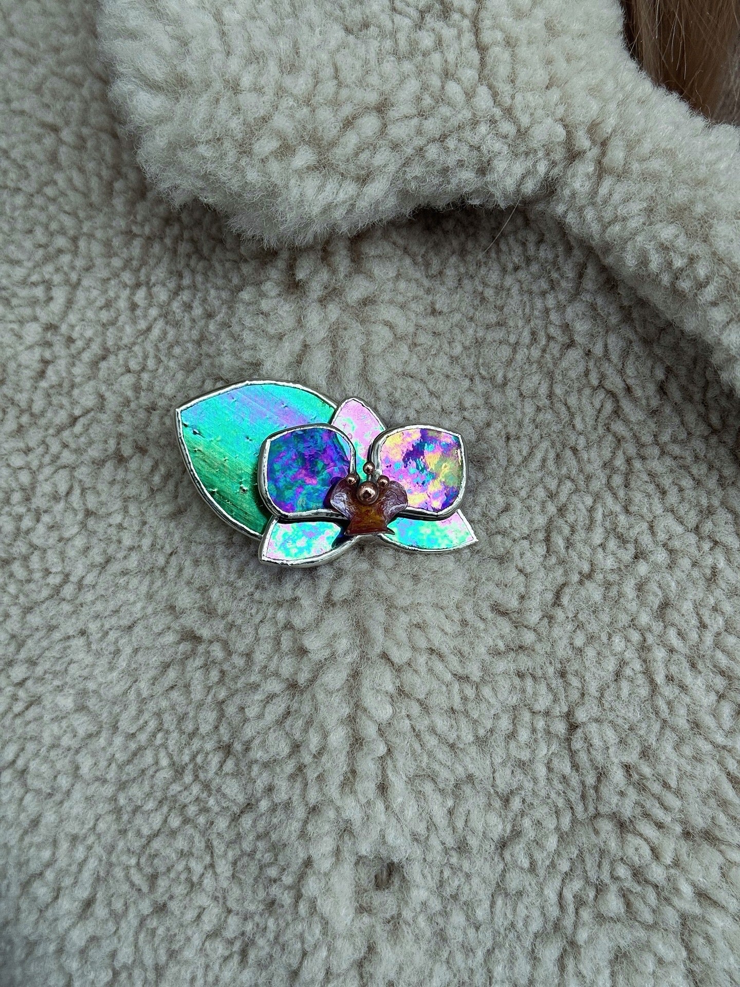 Orchid Brooch Statement Stained Glass Floral Pin, Modern Art Jewelry