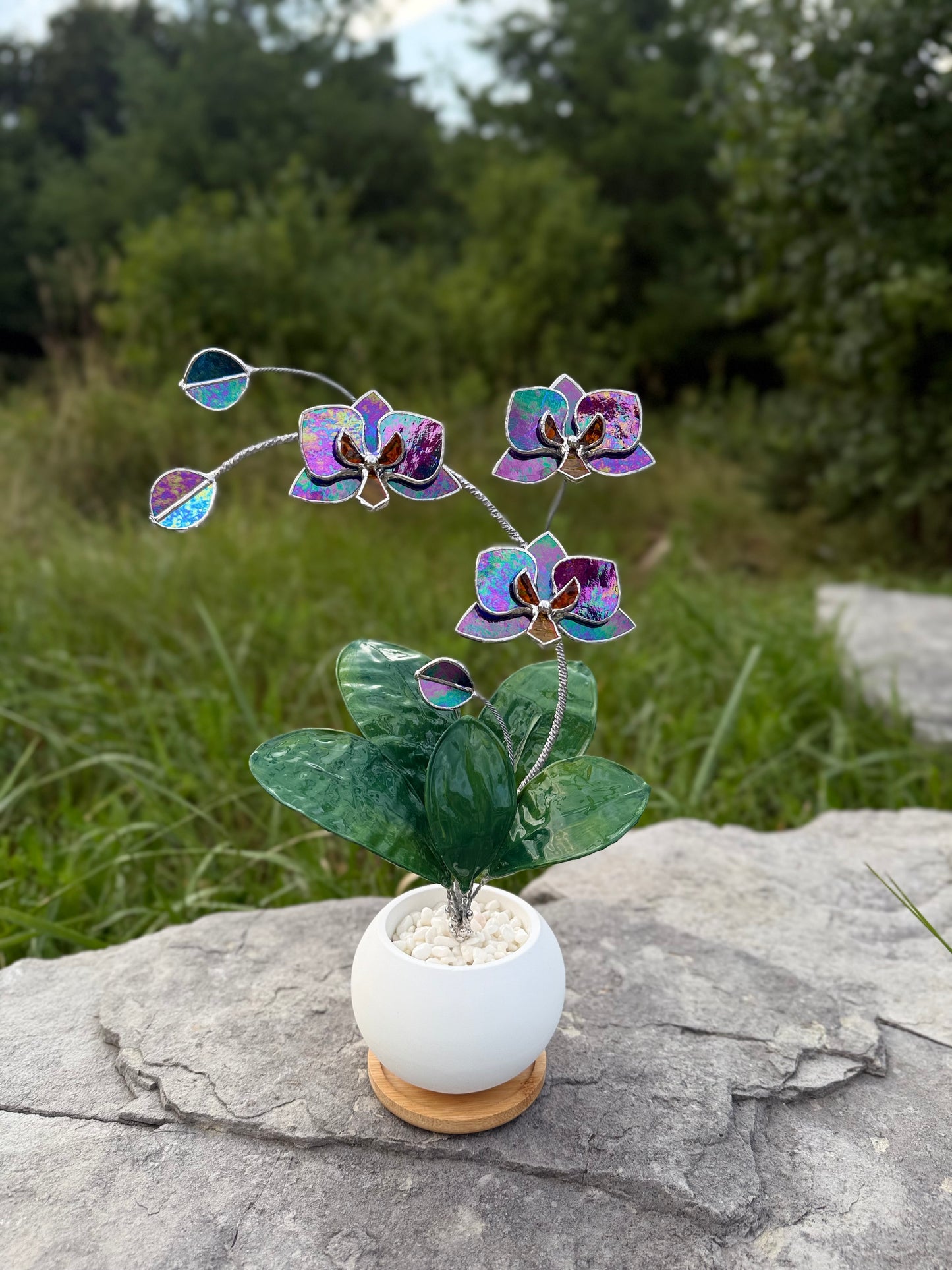 Orchid Indigo Iridescent Stained Glass WITH Hand Painted RESIN LEAVES, 3 Flowers, Botanical Table Decor