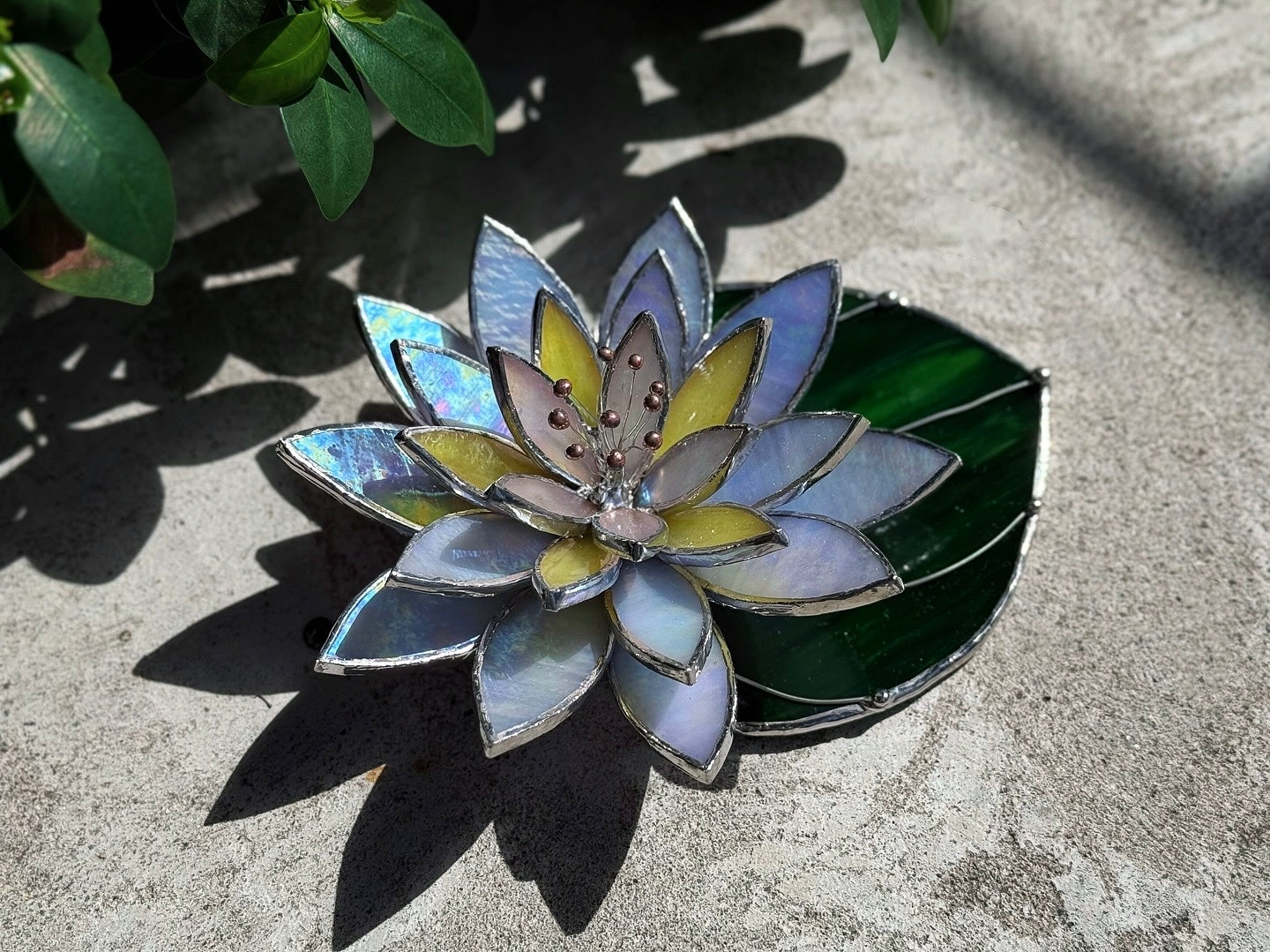 " .  Lavender iridescent Water Lily with leaf" Stained glass table decor, suncatcher, succulents