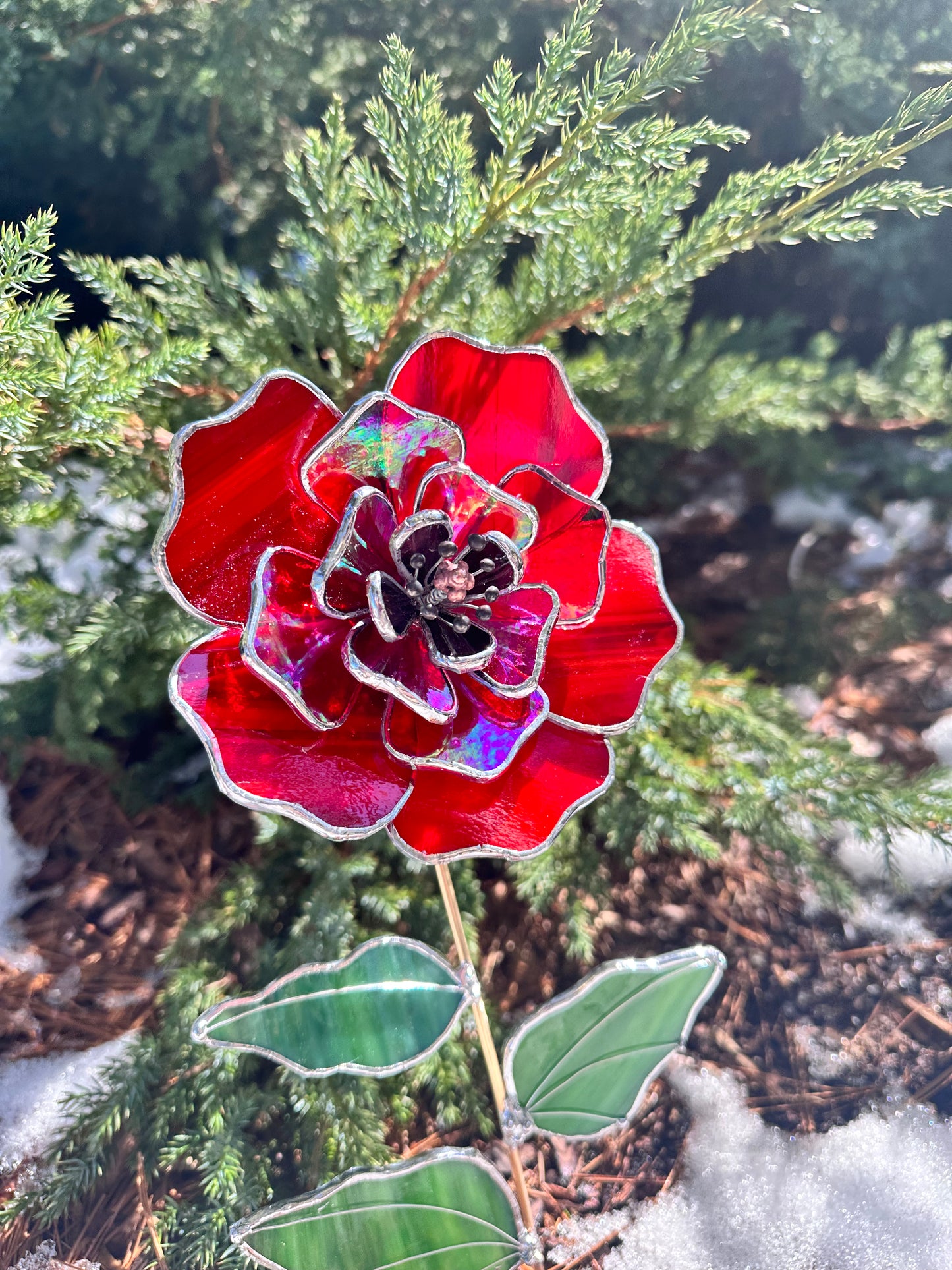 ". Red Poppy Iridescent", Stained glass tropical flower 3D, Sun catcher, Table plant decor, Garden stake, wedding decor, Christmas gift