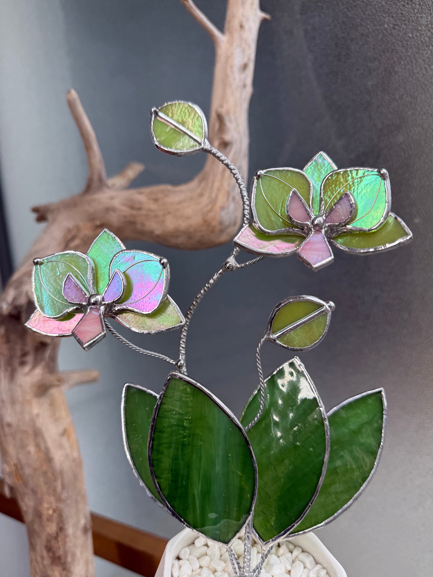 " .  Bright green iridescent Orchid, 2 flowers with pot” Stained glass tropical flower 3D, Suncatcher, Table plant decor
