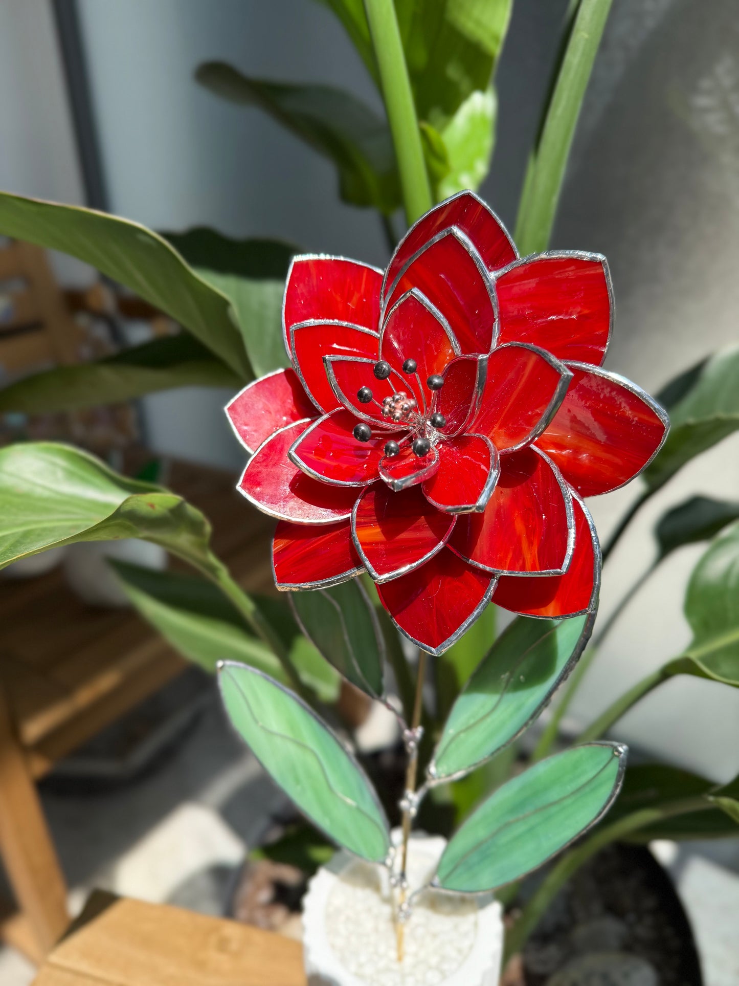 .Amber Red Peony Stained glass flower 3D Botanical Table Plant Decor new