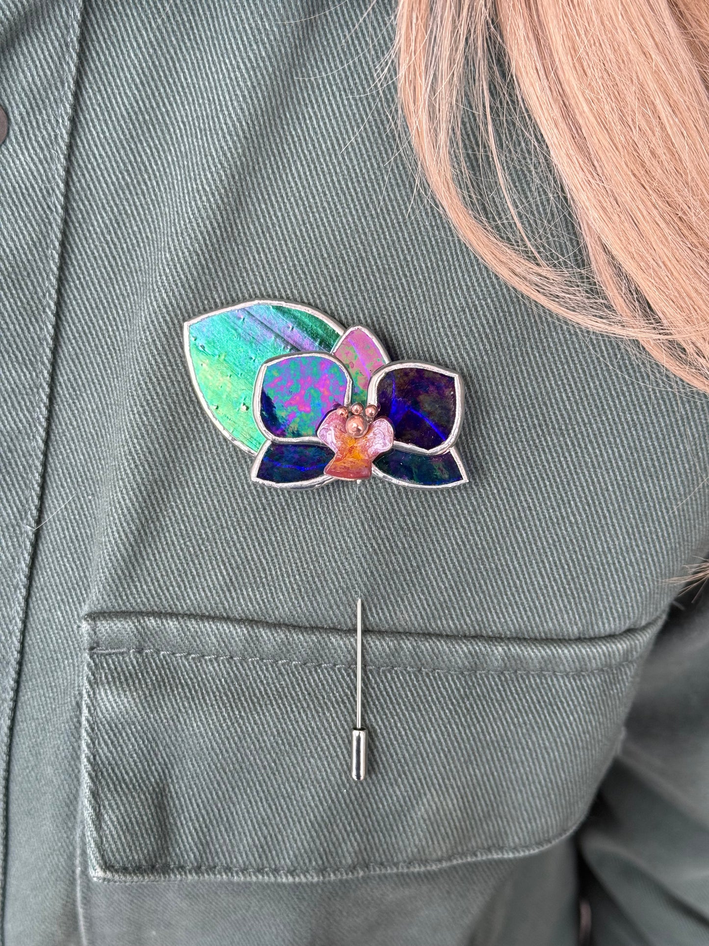 Orchid Brooch Statement Stained Glass Floral Pin, Modern Art Jewelry