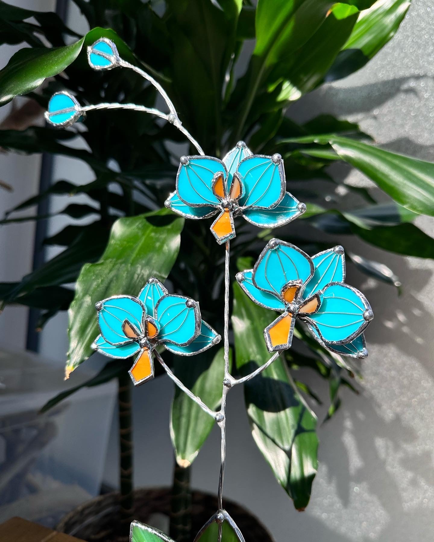 ".Orchid Tiffani Turquoise", Stained glass tropical flower 3D, Sun catcher, Table plant decor, Garden stake, wedding decor, Christmas gift