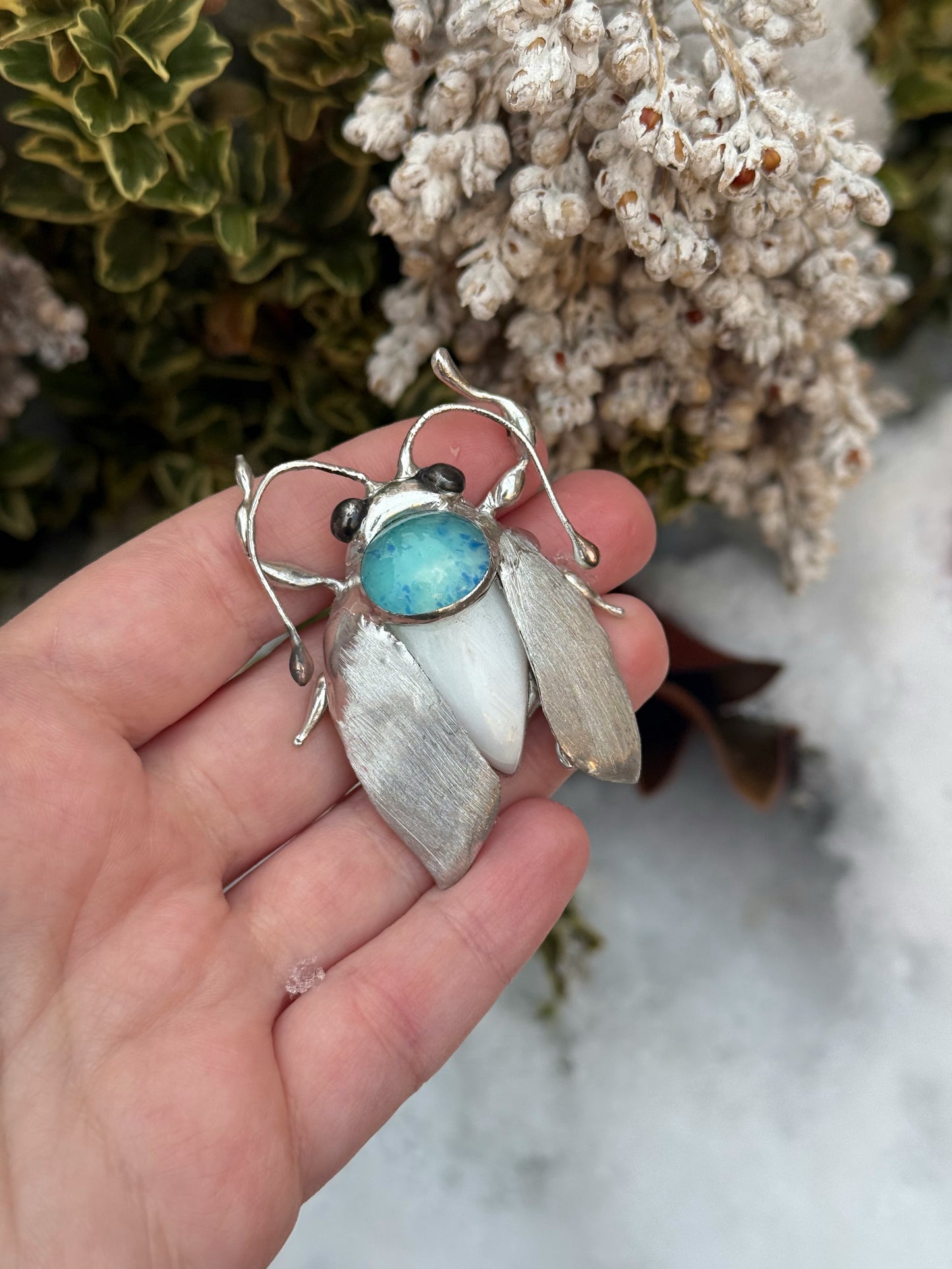 "  . Bug Necklace or Brooch with semi-precious stones and fused glass, art jewelry pendant 3D wedding jewelry Mother’s Day gift