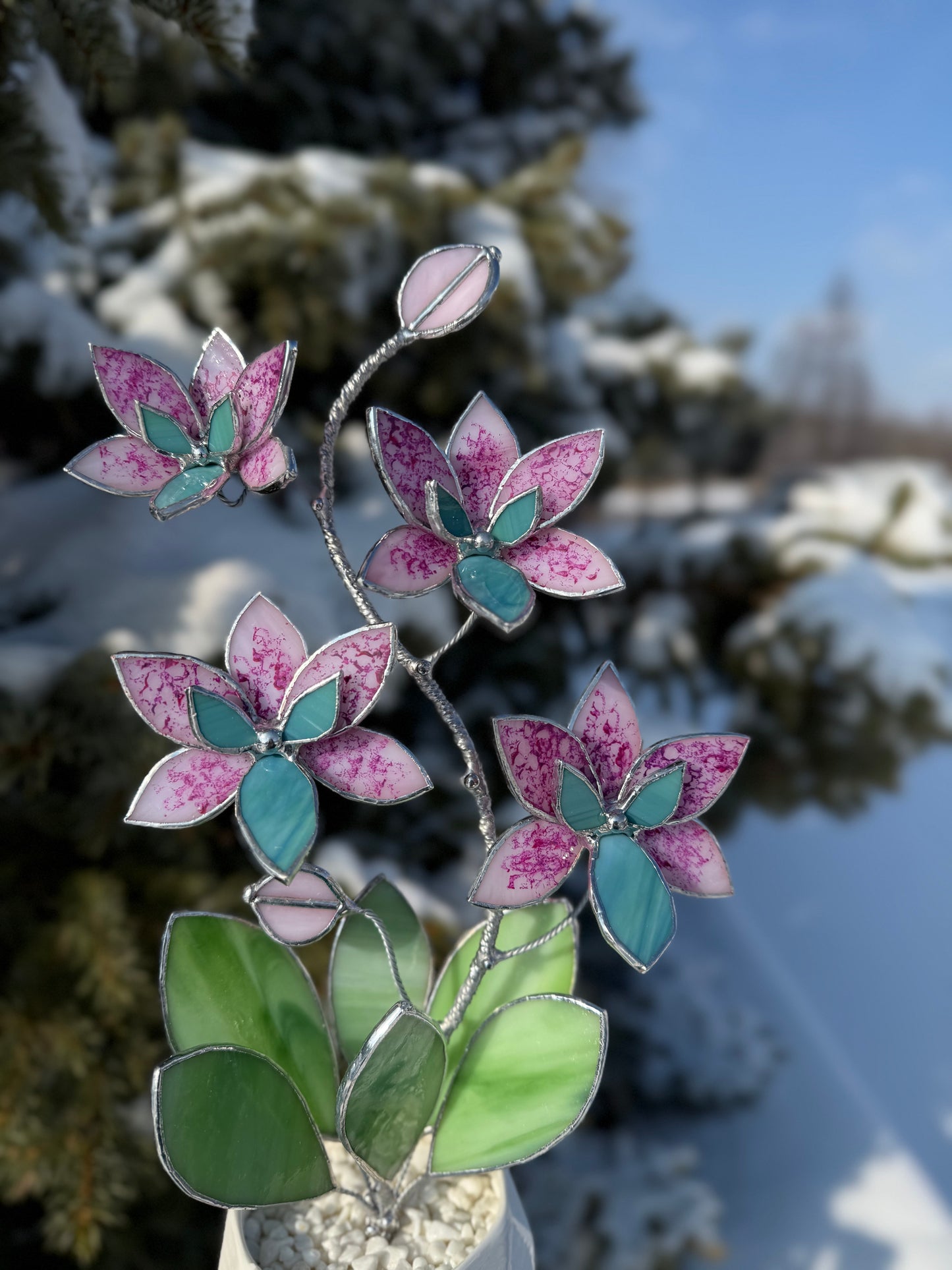 " . Bright Pink Tiger Orchid, 4 flowers with pot”, Stained glass tropical flower 3D, Sun catcher, Table plant, Garden stick, Outdoor and gardening decor