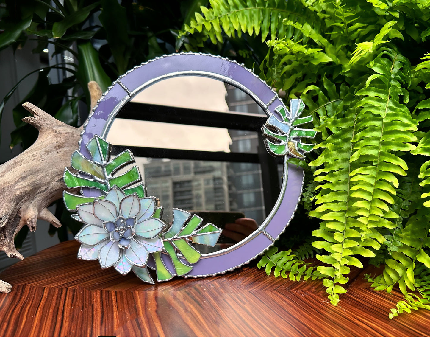 " . Tropical Blooming Monstera' Stained glass MirrorSun catcher Glass Art,  Home decor For Cafe, Bedroom, Bathroom, available