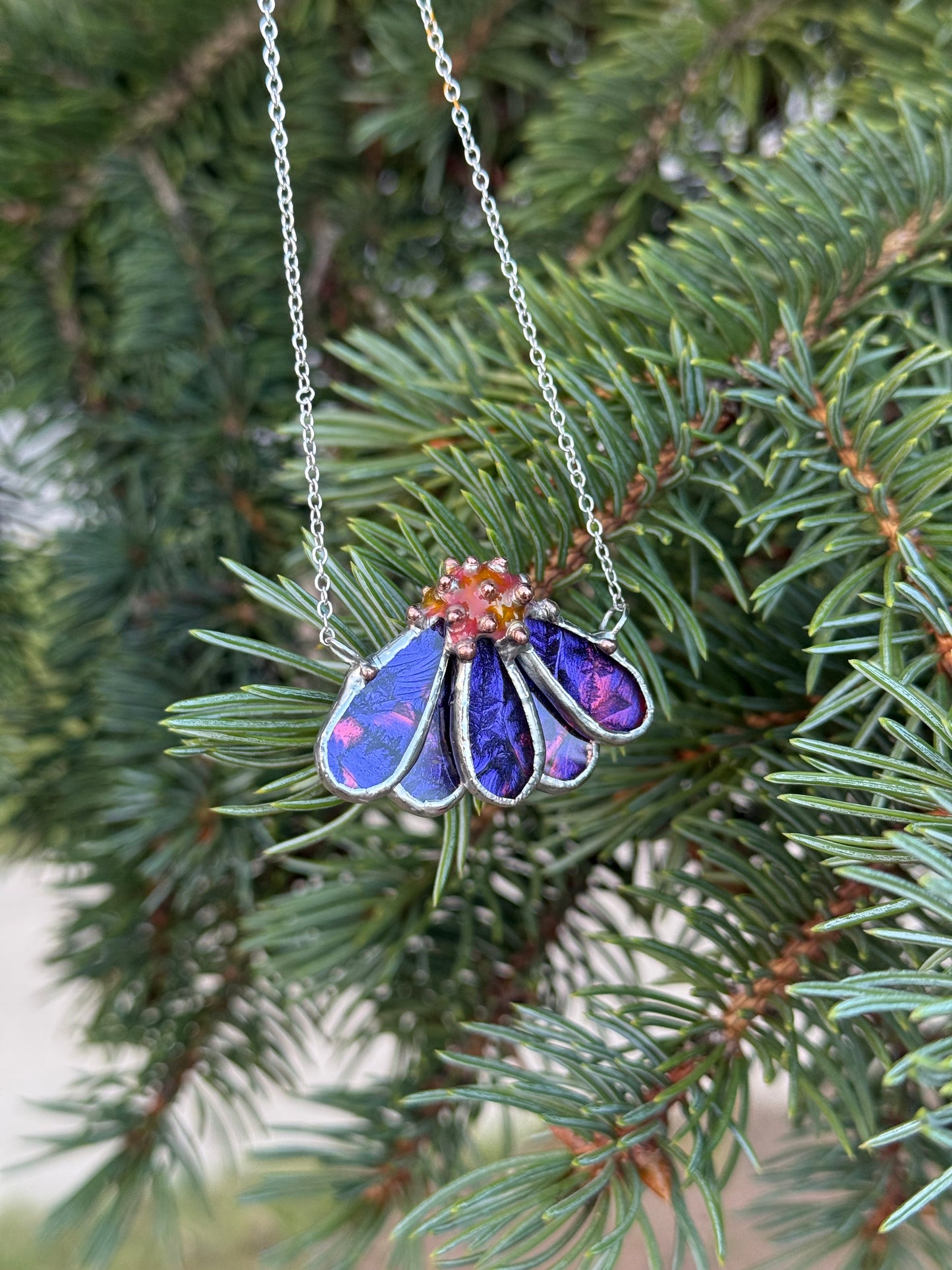 Echinacea Purple & Pink, Stained Glass Necklace or Brooch, Handmade Botanical Jewelry