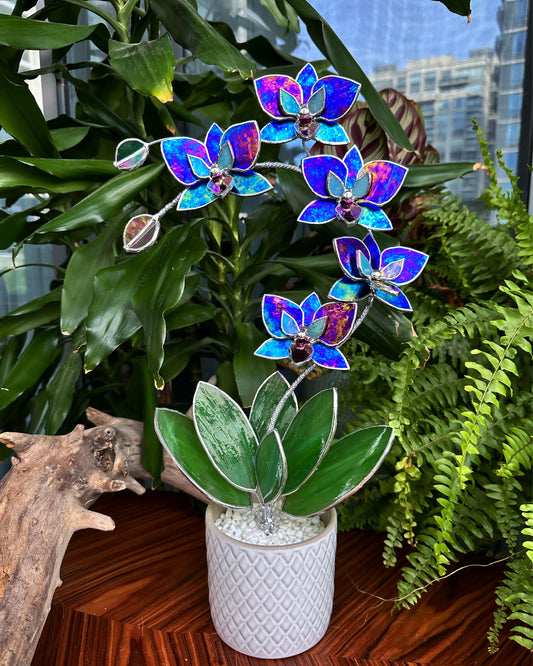 ". Amethyst luminescent XL Orchid 5 flowers with pot, Stained glass Suncatcher 3D, plant, Wedding Christmas Gift, Outdoor decor