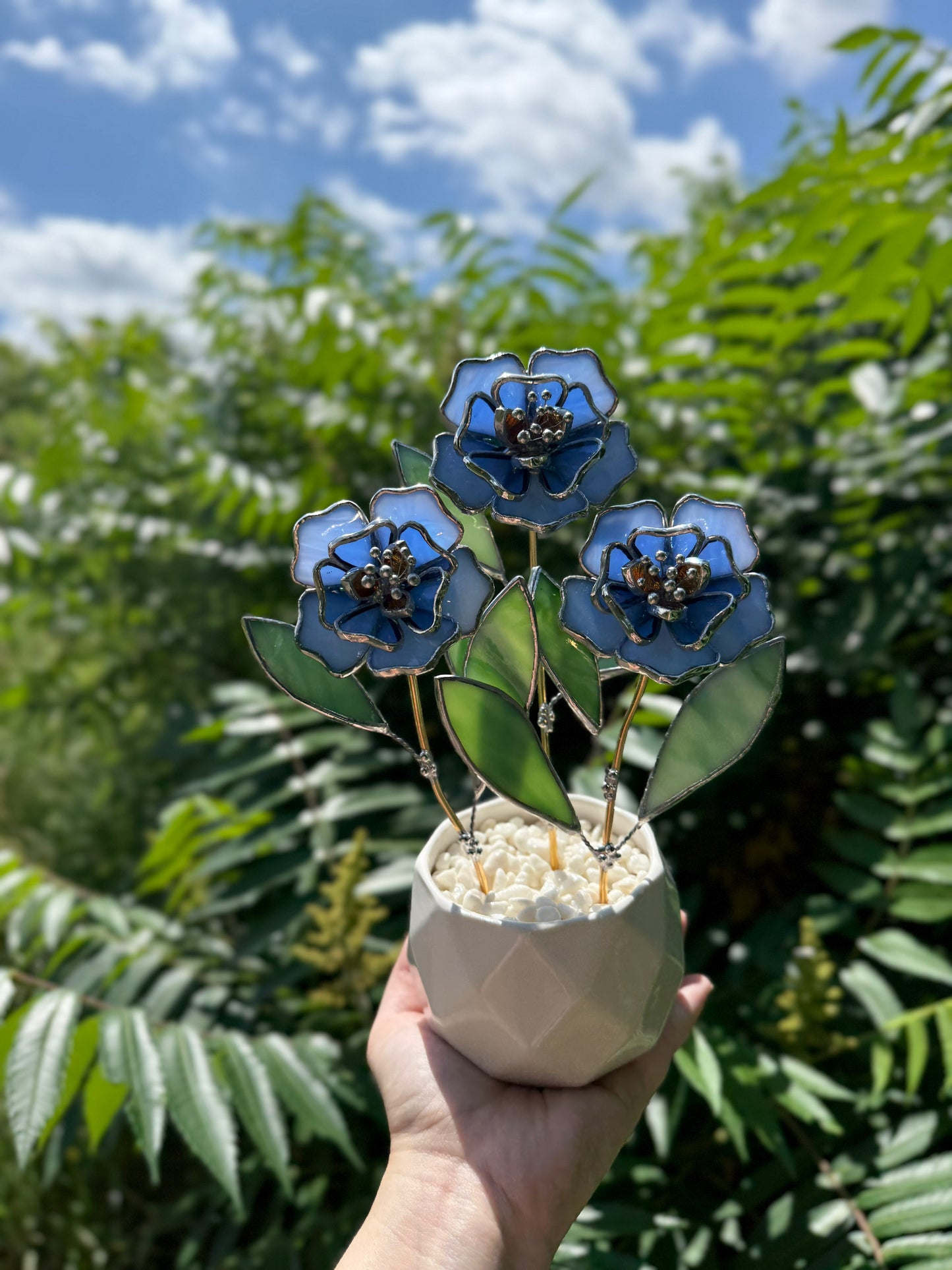 " . Blue Peonies 3 flowers in the pot", Stained glass tropical flower 3D, Sun catcher, Table plant decor, wedding Christmas gift