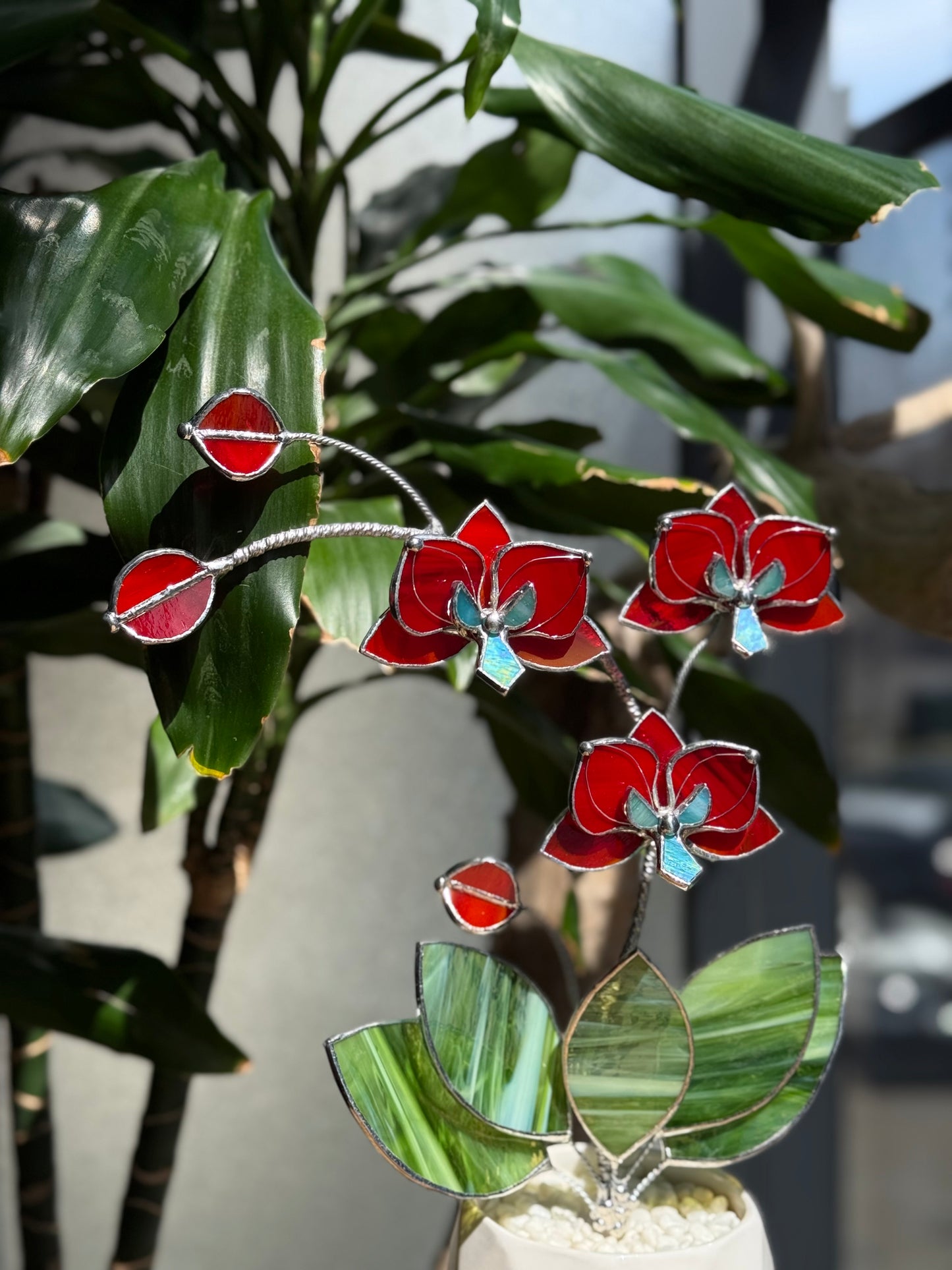 ". Ruby Red Orchid 3 flowers with pot” Stained glass tropical flower 3D, Sun catcher, Table plant decor, Garden stick, Outdoor and gardening decor