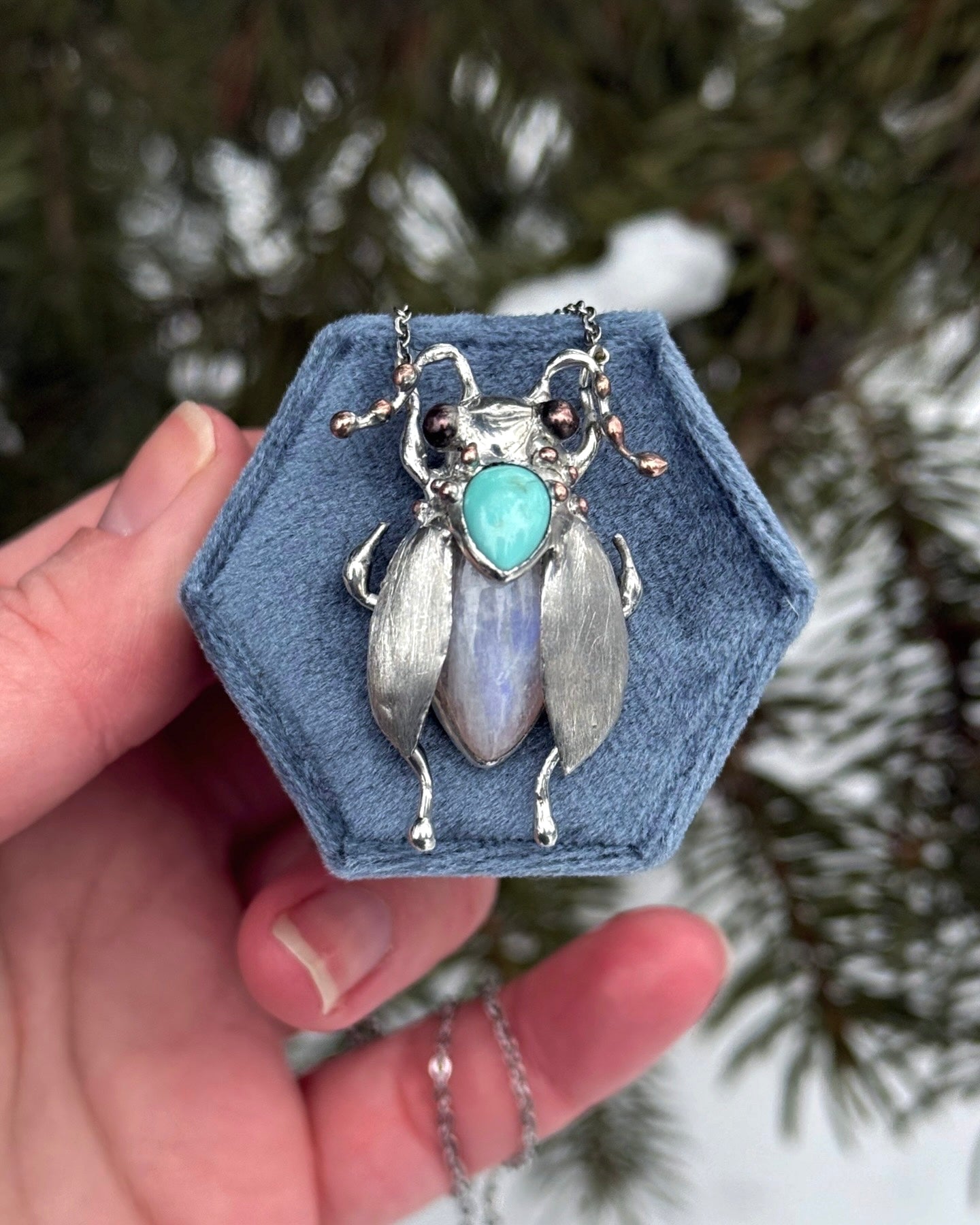 " . Bug necklace Moon Cicada with Blue Turquoise & Moonstone”, art jewelry pendant 3D wedding jewelry Mother’s Day gift