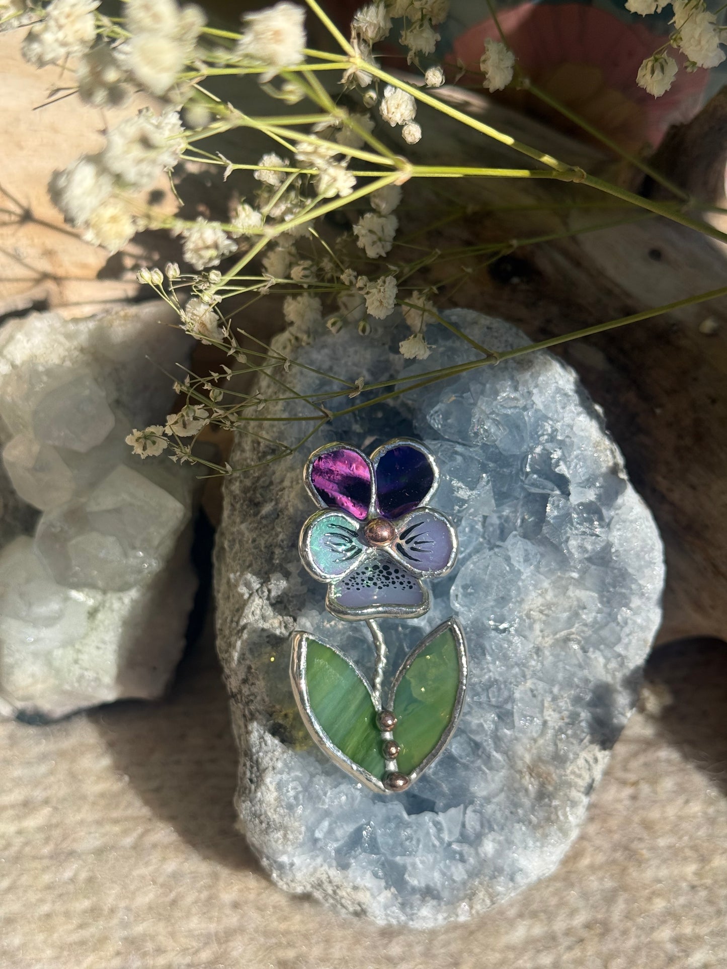Brooch Pansy Flower Purple luminous& Lavender irid Stained glass flower 3D art jewelry new