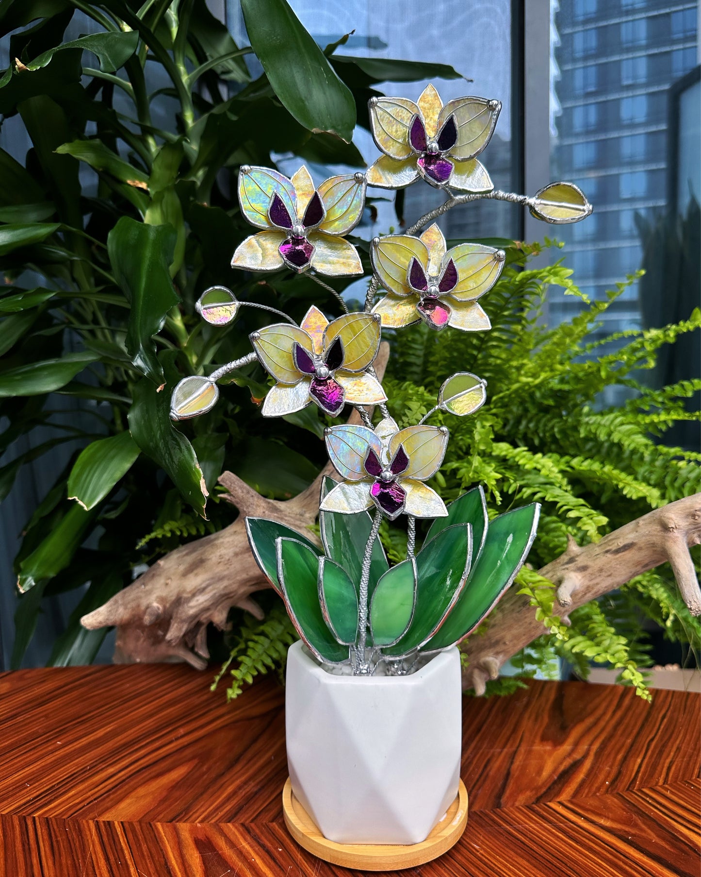 ". “Soulmates” Double stem Lemon yellow iridescent Orchid XL with pot, 5 flowers. Suncatcher, Tropical flowers, Outdoor and gardening decor, Christmas, Wedding gift