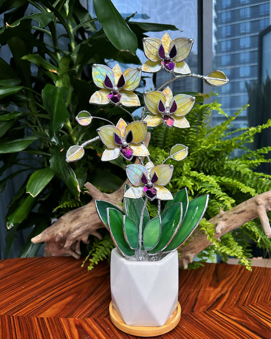 ". “Soulmates” Double stem Lemon yellow iridescent Orchid XL with pot, 5 flowers. Suncatcher, Tropical flowers, Outdoor and gardening decor, Christmas, Wedding gift