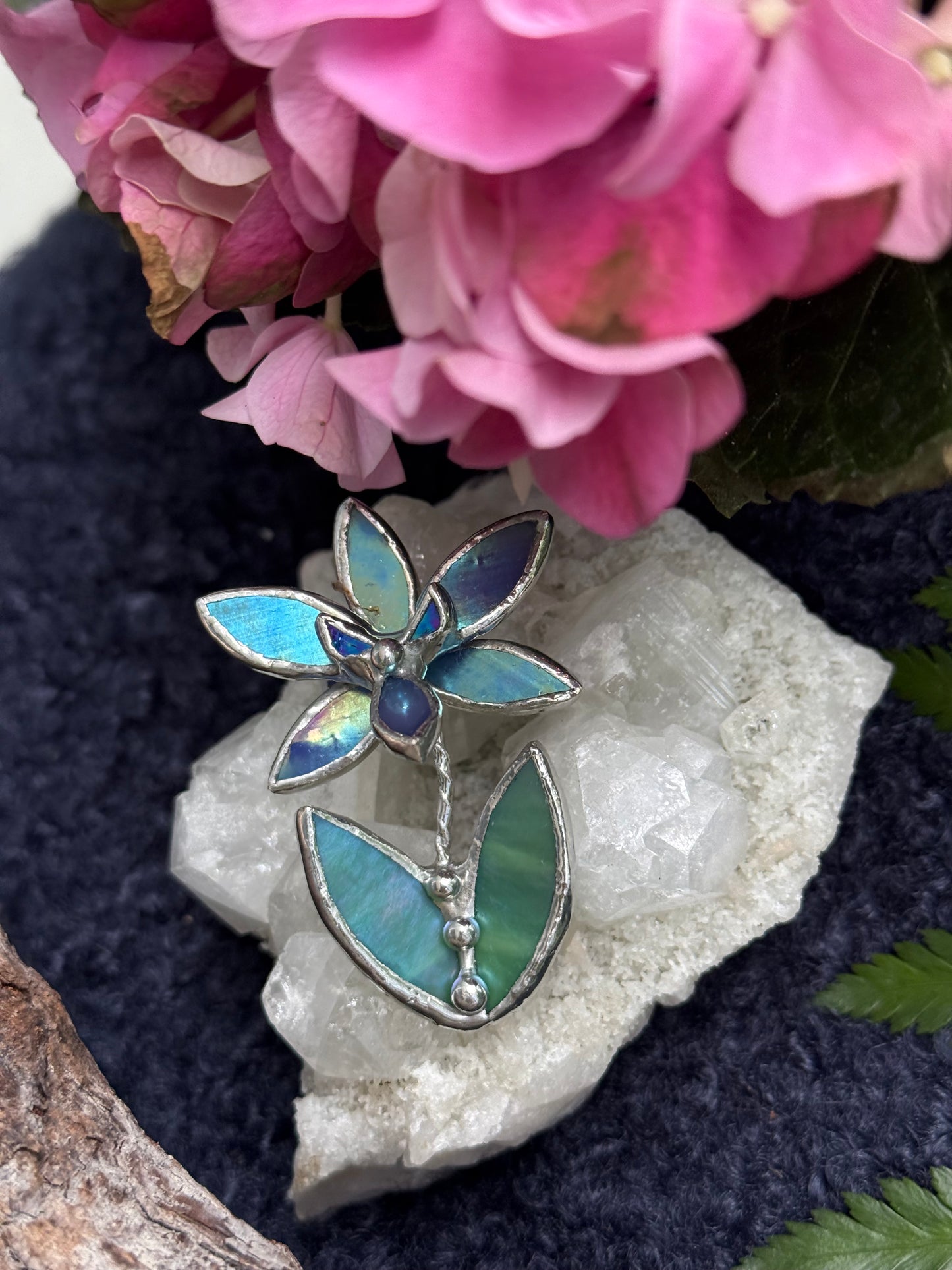 Orchid Blue lumi Brooch Stained Glass Floral Pin, Modern Art Jewelry statement ready new