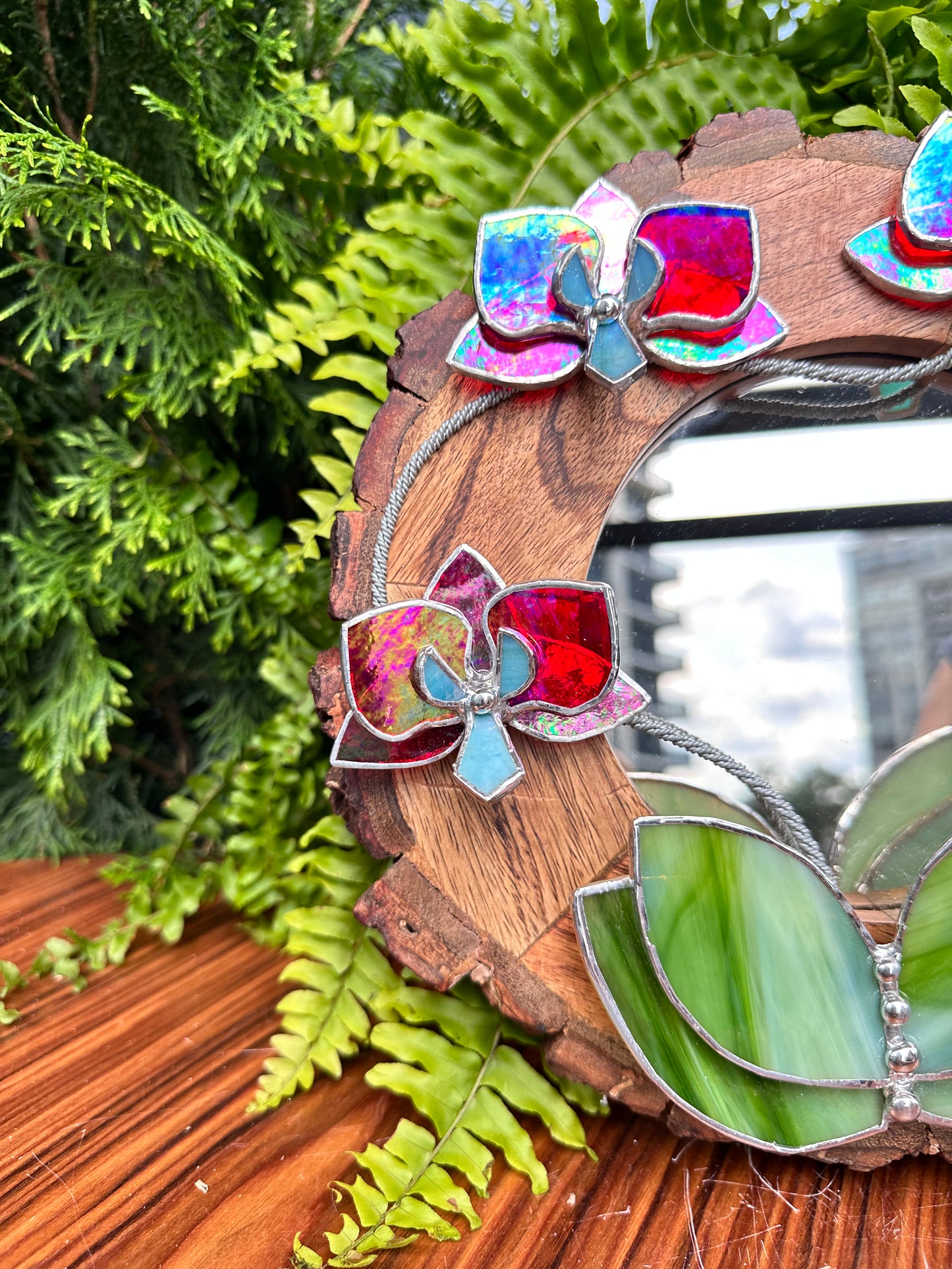 ". Red transparent iridescent Orchid Mirror" Stained glass flower Wall decor.  Sun catcher Wooden frame Home wedding Decor Art. Christmas gift