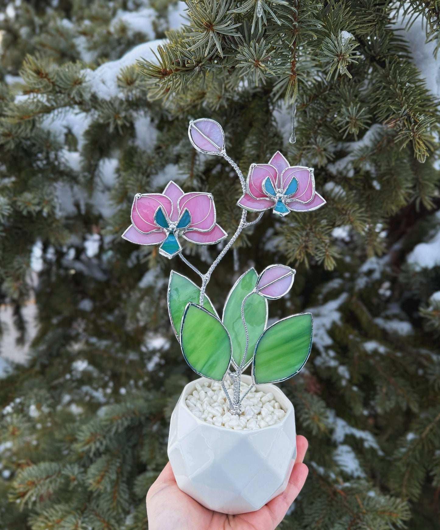 " . Bright Pink Orchid, 2 flowers with pot” Stained glass tropical flower 3D, Sun catcher, Table plant decor, Garden stick, Outdoor and gardening decor