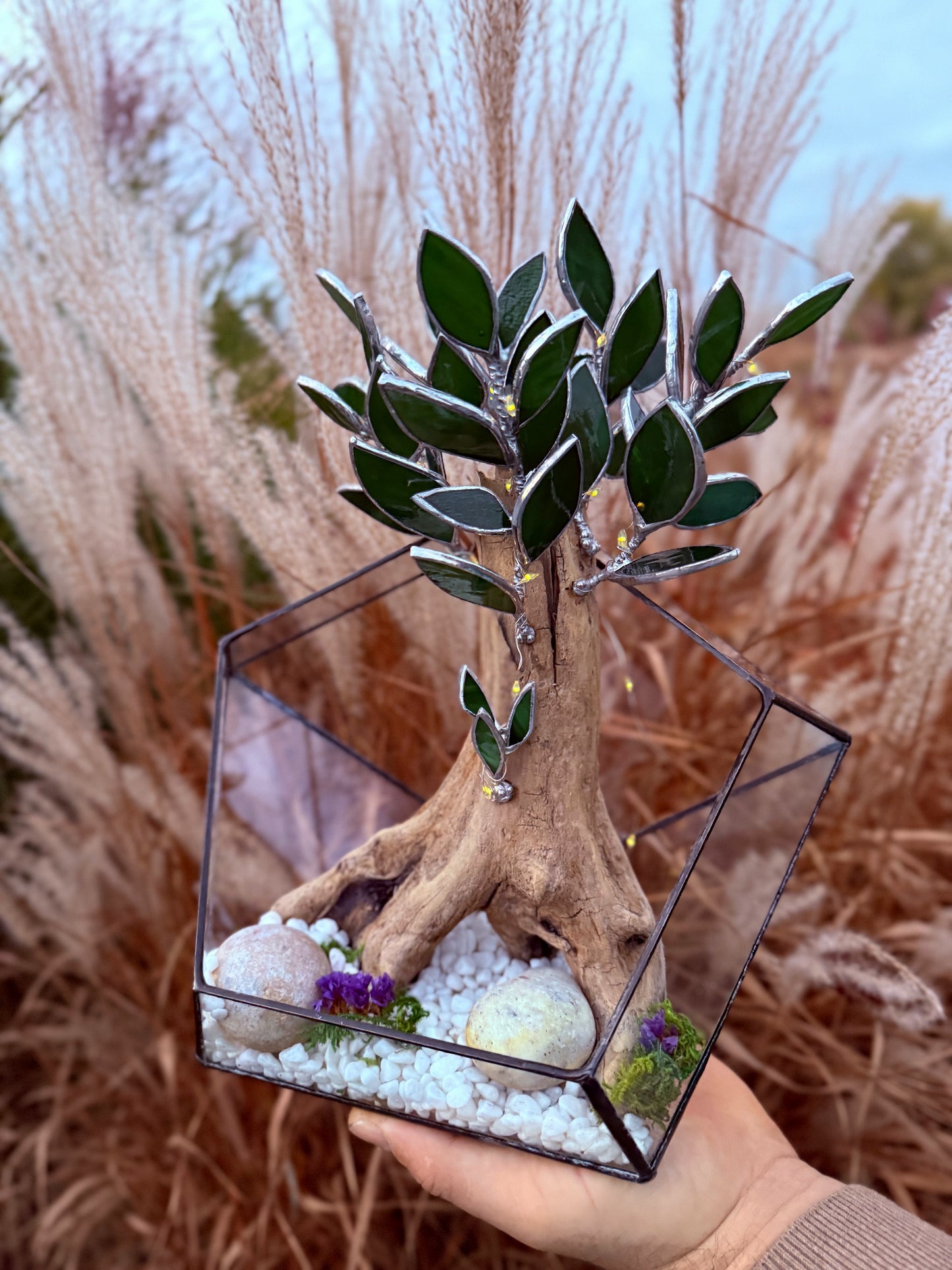 "  . Geometric glass terrarium with bonsai with glass leaves and lights”, Table decor, Christmas gift
