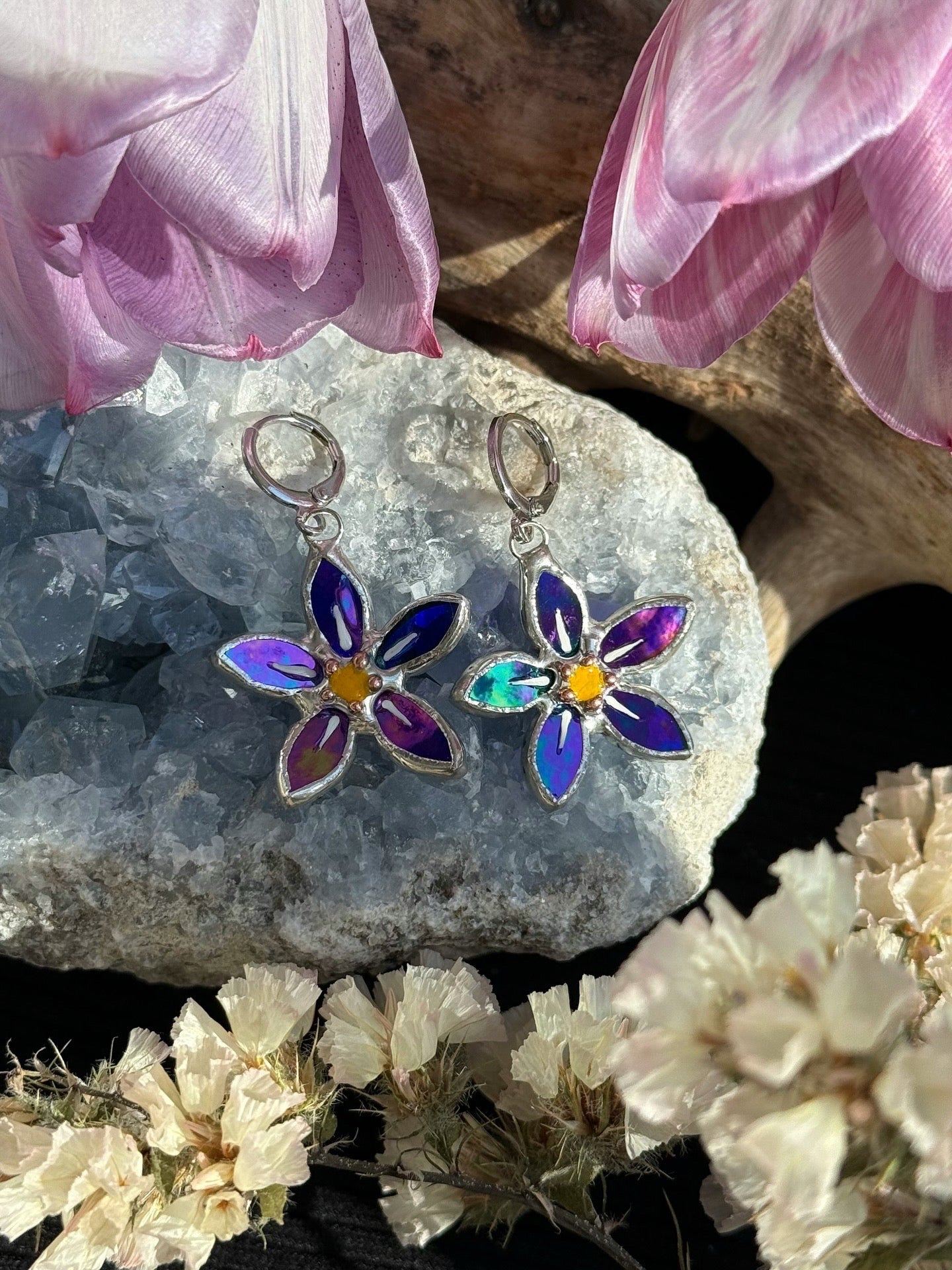 .Forget Me Not Earrings Indigo Luminescent Handcrafted Stained glass Botanical Art Jewelry