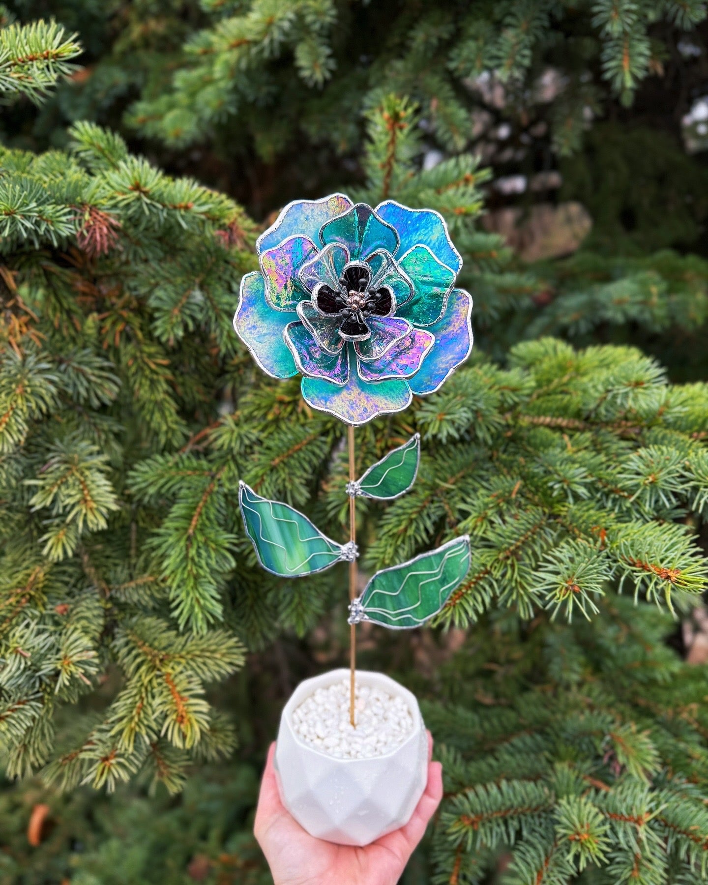 ". Peony Turquoise Iridescent" Stained glass tropical flower 3D, Sun catcher, Table plant, Garden stake, wedding decor, Christmas gift