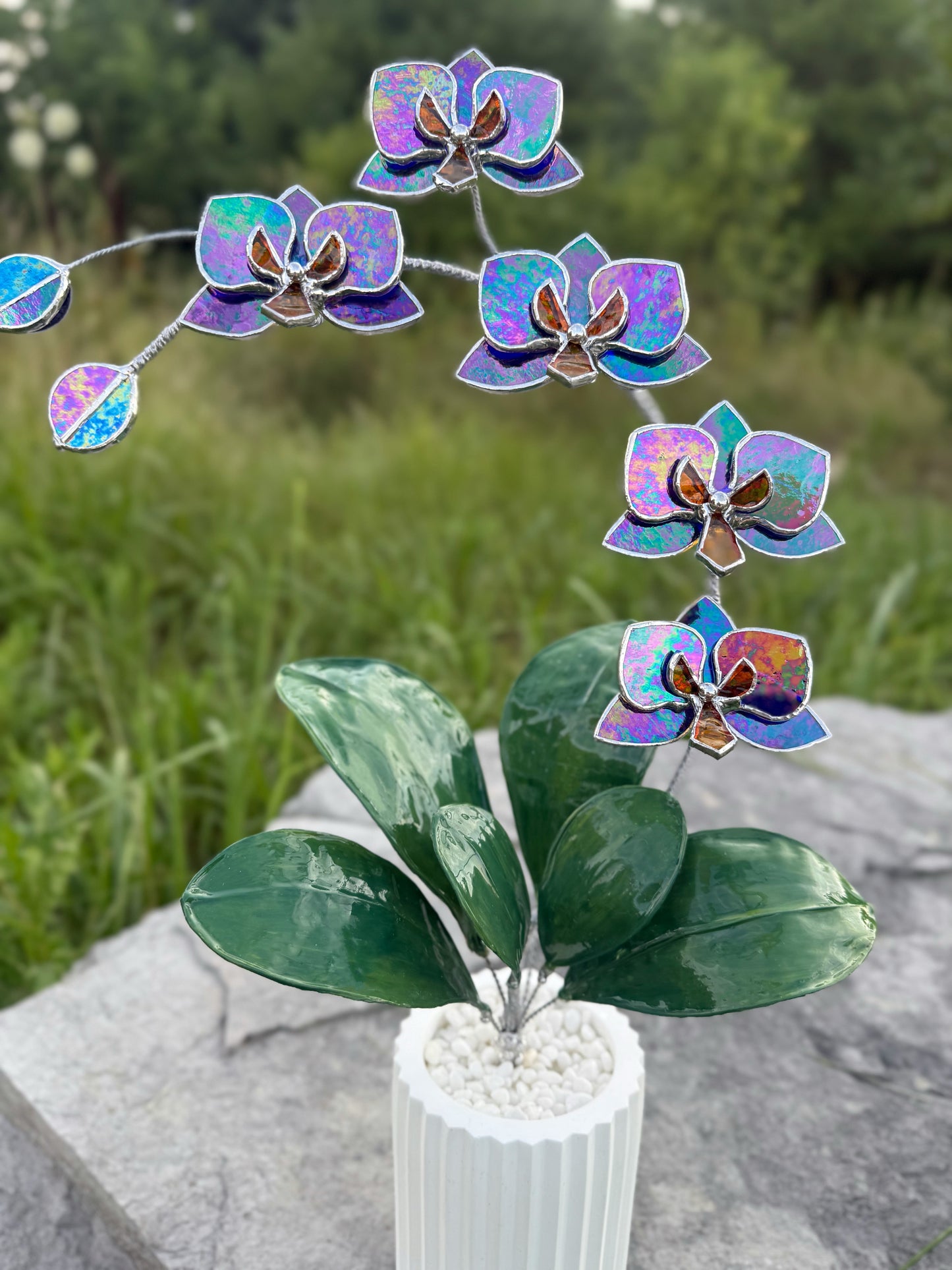 .Amethyst indigo Orchid, WITH RESIN LEAVES, 5 Flowers, Handmade Stained Glass Botanical Art Decor